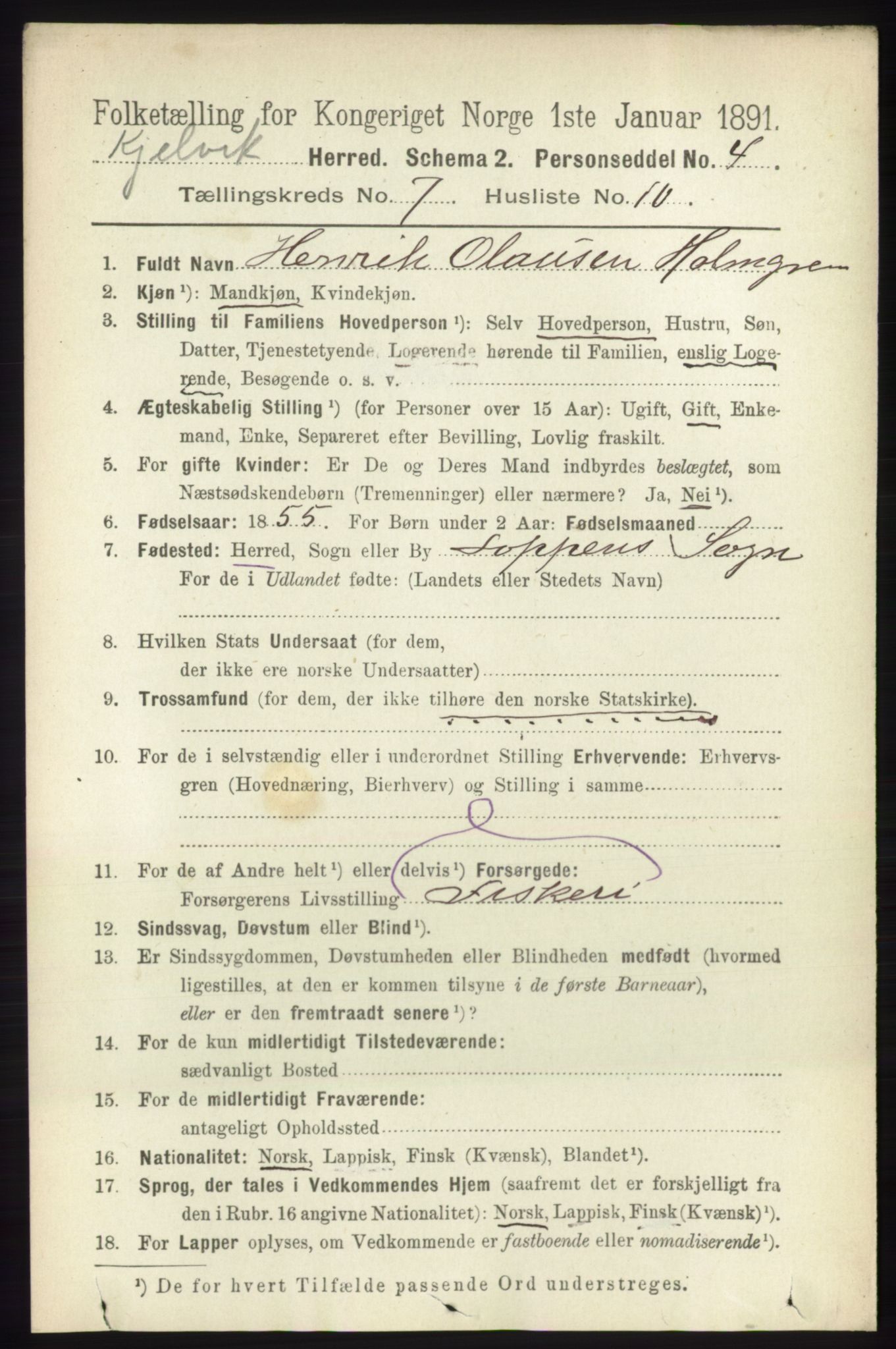 RA, 1891 census for 2019 Kjelvik, 1891, p. 963