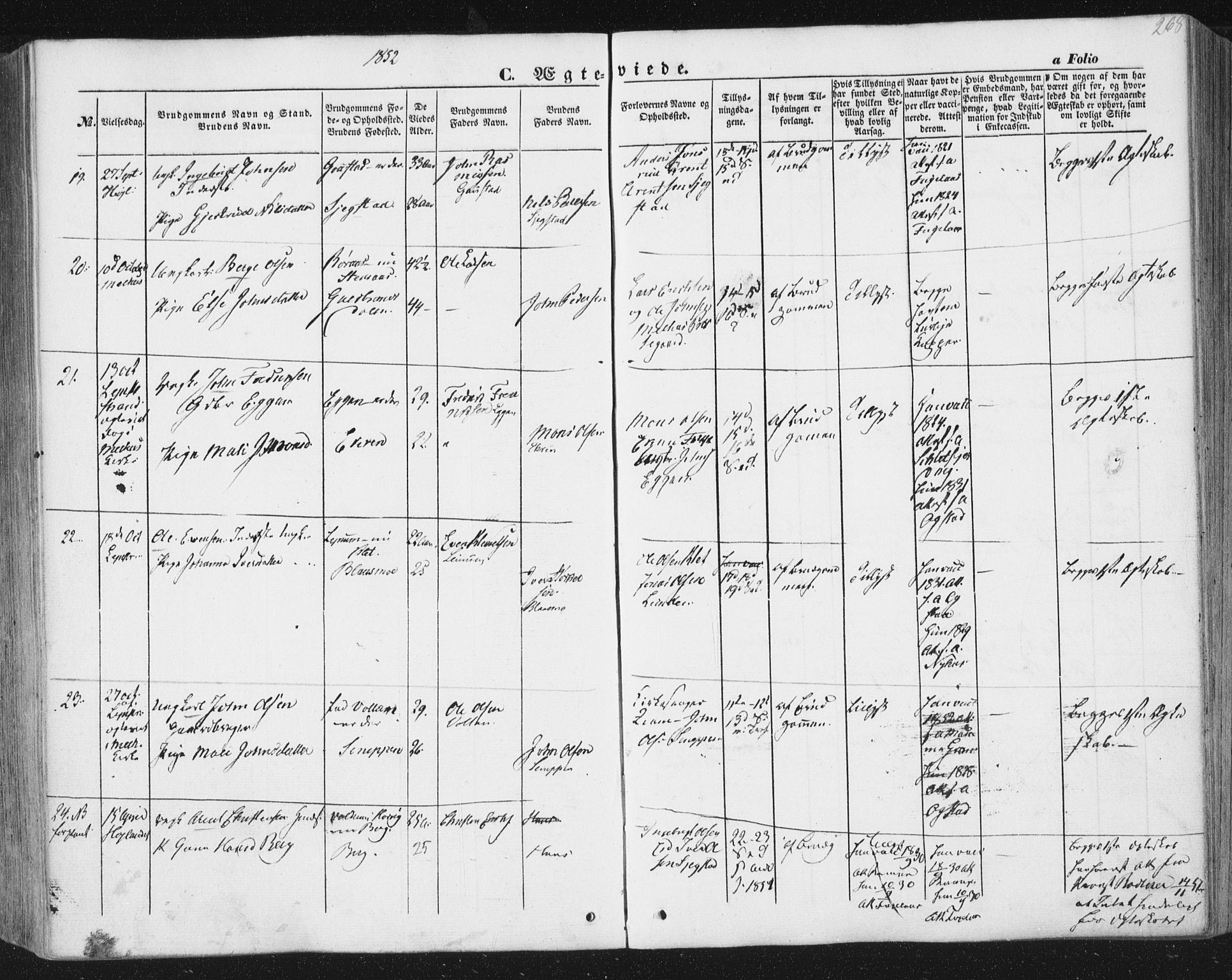 Ministerialprotokoller, klokkerbøker og fødselsregistre - Sør-Trøndelag, SAT/A-1456/691/L1076: Parish register (official) no. 691A08, 1852-1861, p. 268