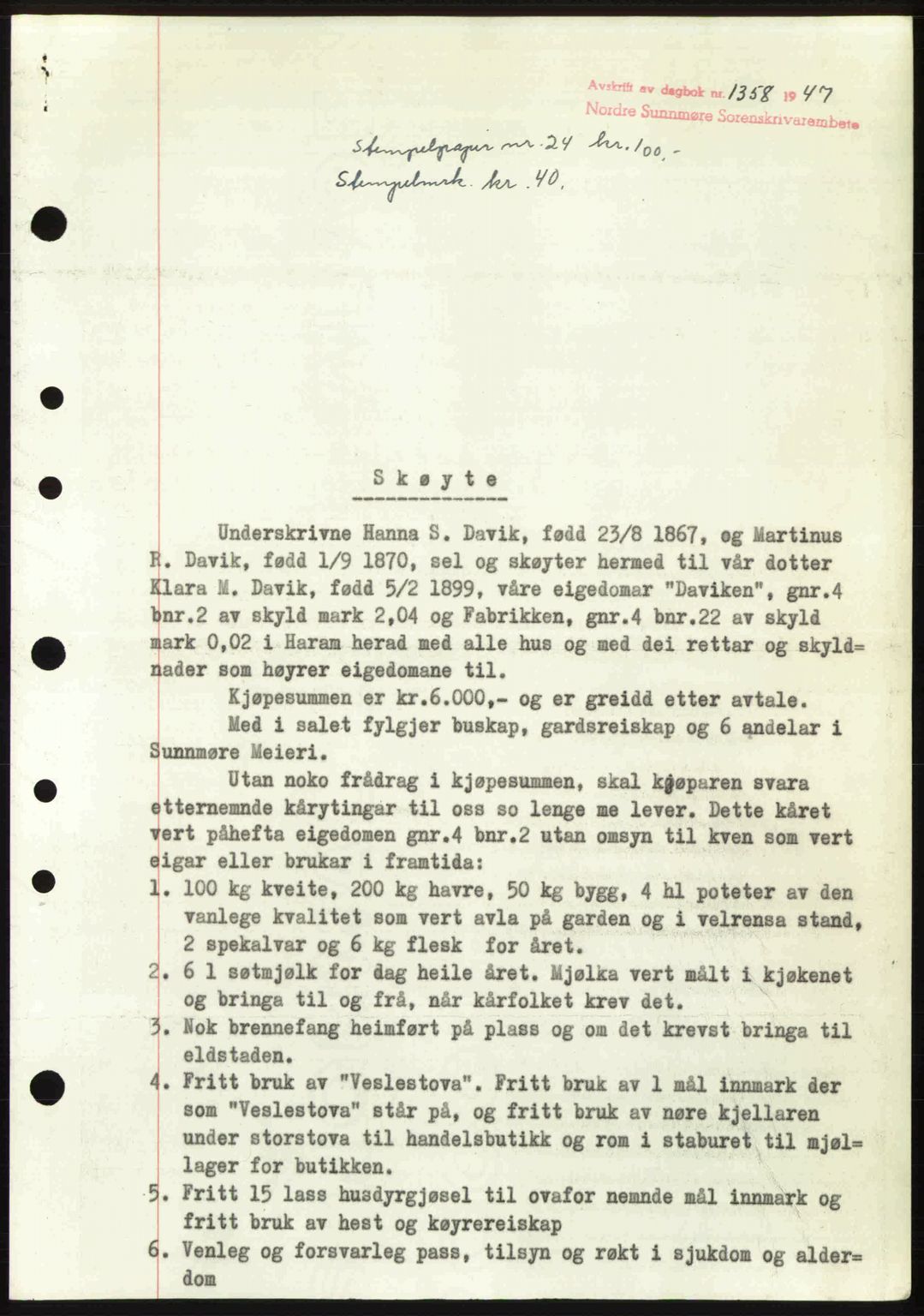 Nordre Sunnmøre sorenskriveri, AV/SAT-A-0006/1/2/2C/2Ca: Mortgage book no. A25, 1947-1947, Diary no: : 1358/1947