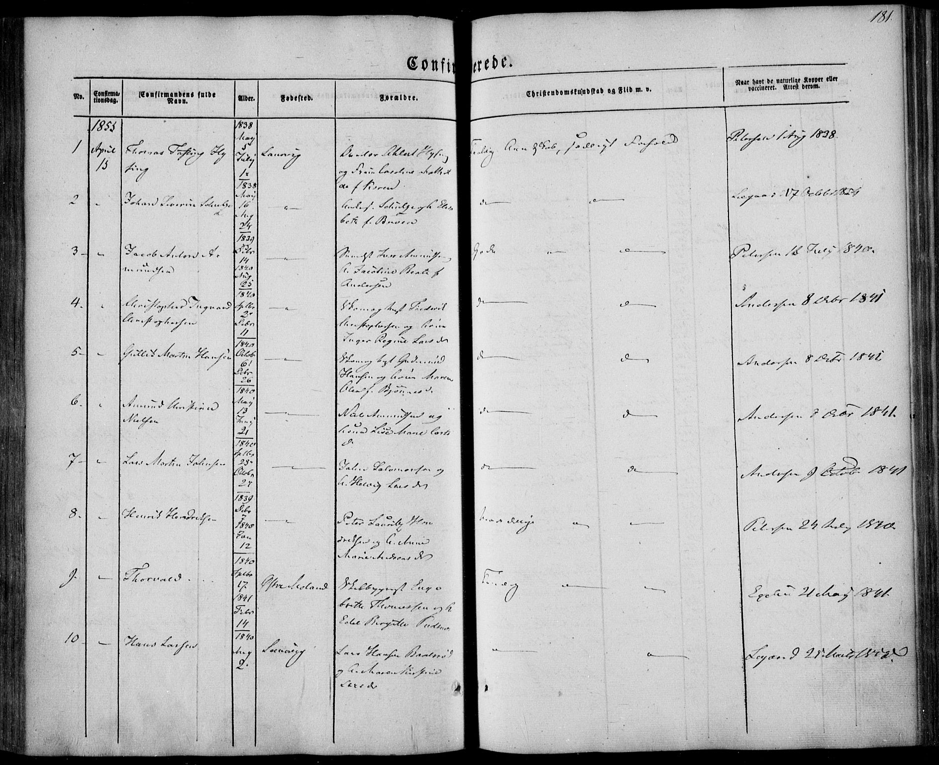 Larvik kirkebøker, SAKO/A-352/F/Fa/L0003: Parish register (official) no. I 3, 1848-1856, p. 181