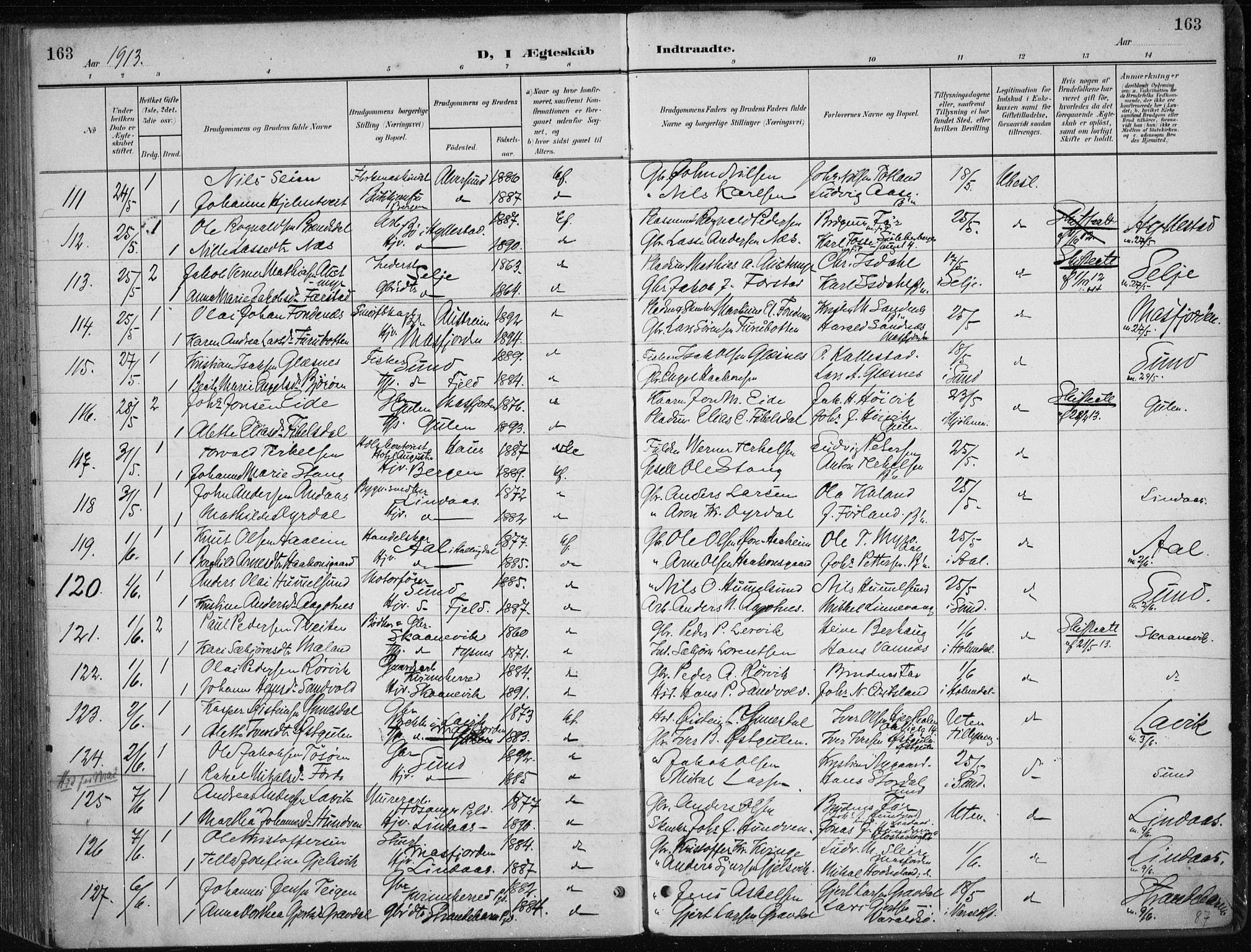 Nykirken Sokneprestembete, AV/SAB-A-77101/H/Haa/L0035: Parish register (official) no. D 5, 1905-1913, p. 163