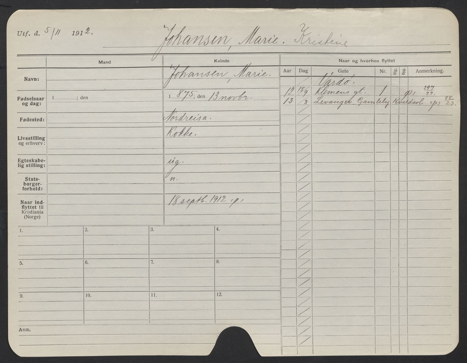 Oslo folkeregister, Registerkort, AV/SAO-A-11715/F/Fa/Fac/L0018: Kvinner, 1906-1914, p. 303a