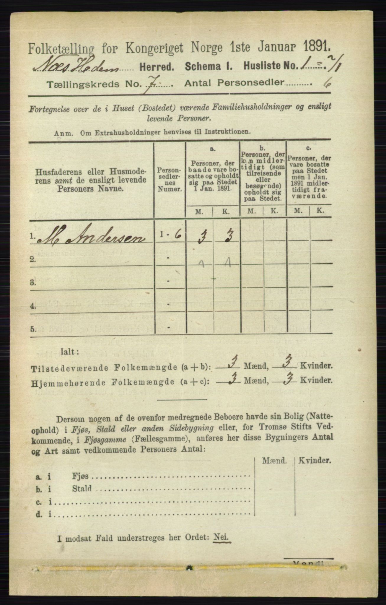 RA, 1891 census for 0411 Nes, 1891, p. 3829