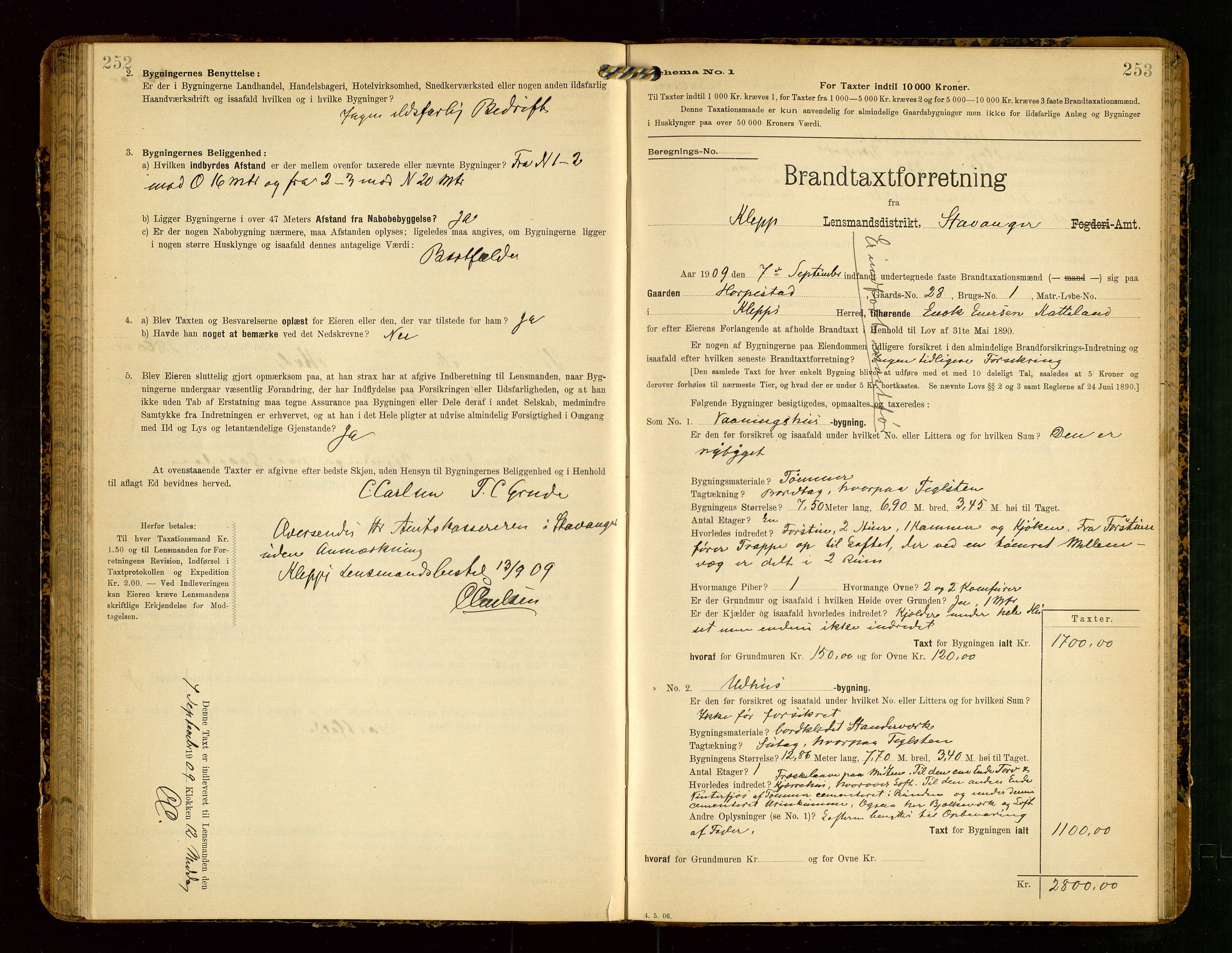 Klepp lensmannskontor, AV/SAST-A-100163/Goc/L0004: "Brandtaxationsprotokol" m/register, 1906-1908, p. 252-253