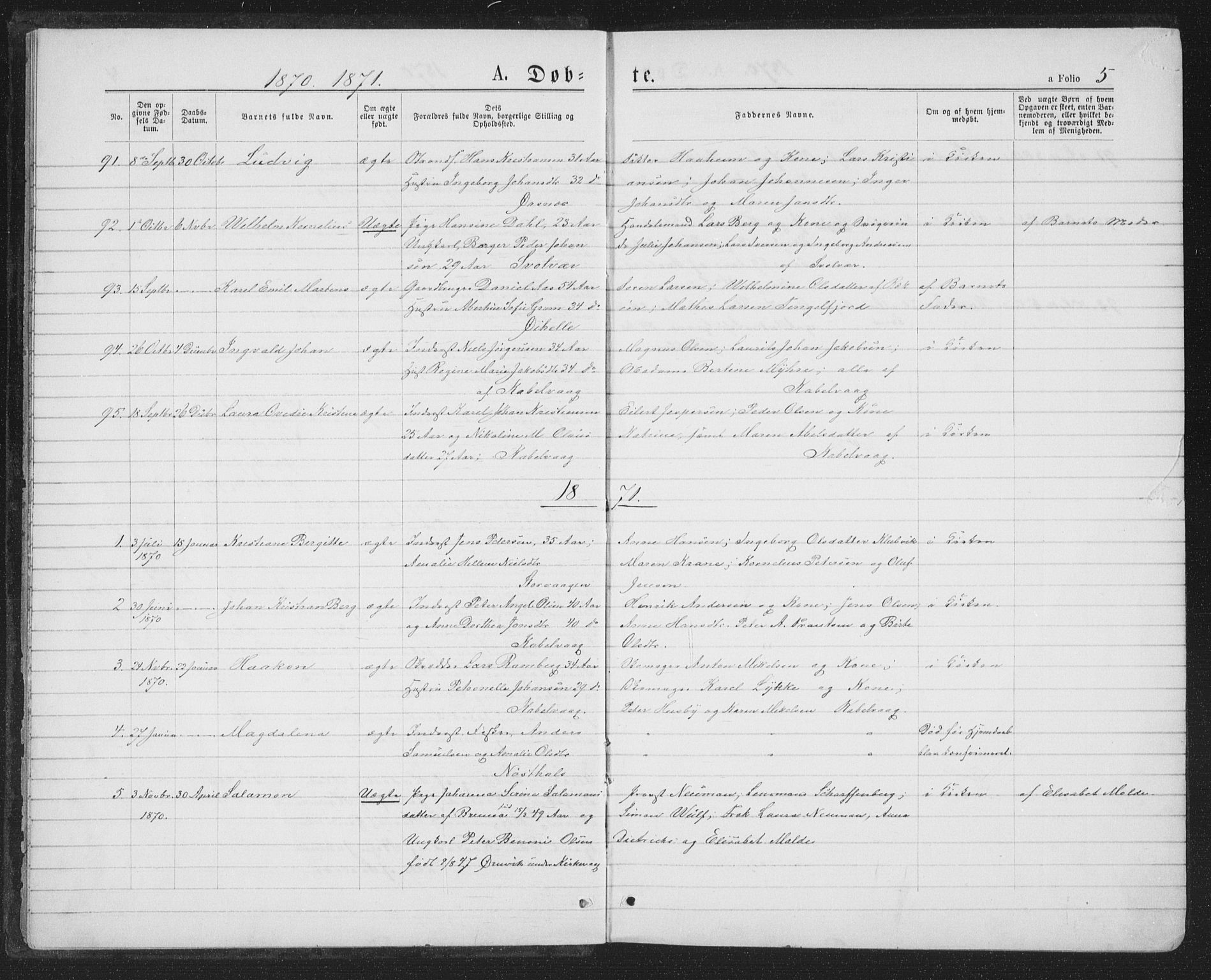 Ministerialprotokoller, klokkerbøker og fødselsregistre - Nordland, AV/SAT-A-1459/874/L1074: Parish register (copy) no. 874C03, 1870-1876, p. 5