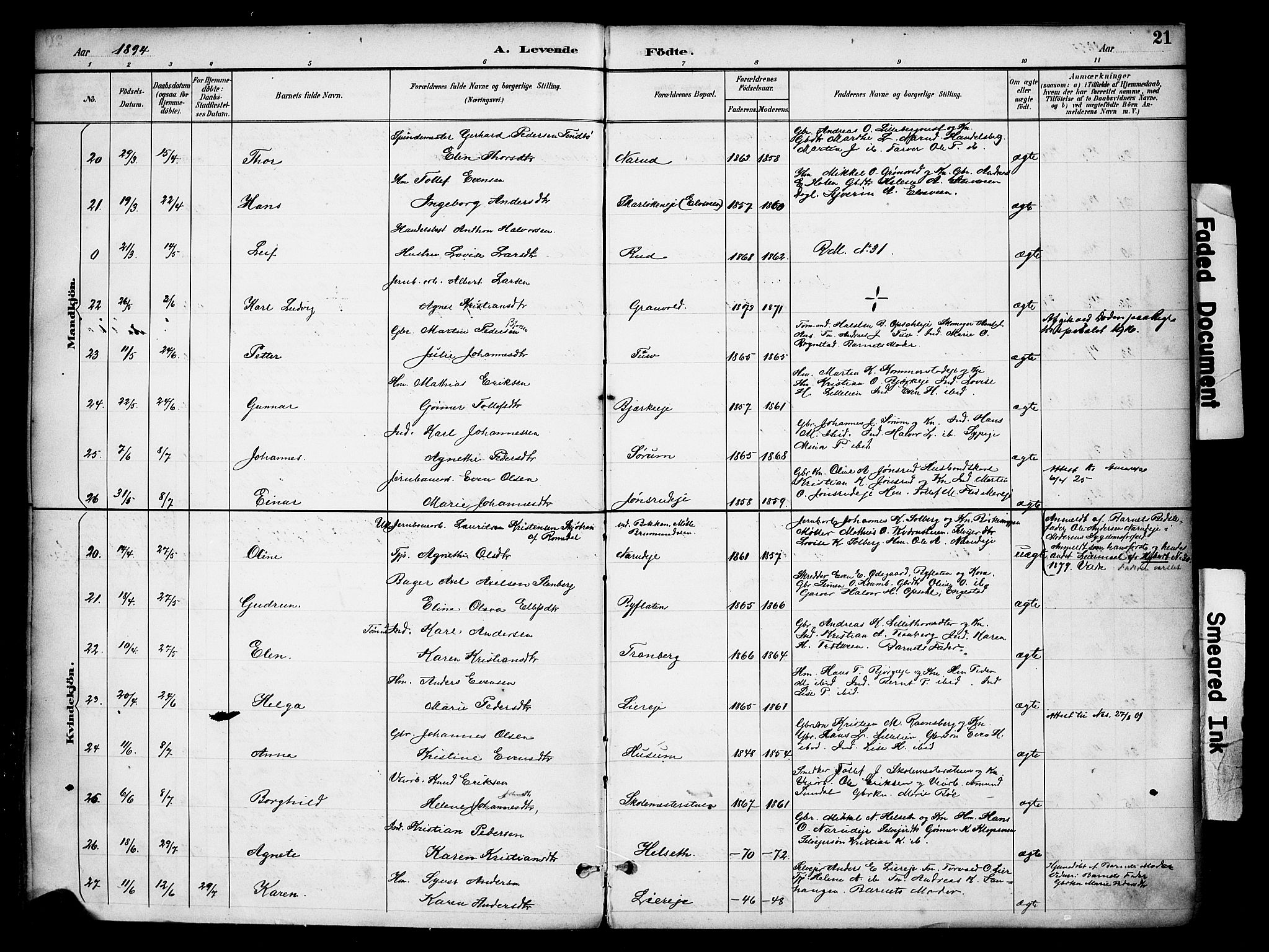 Ringsaker prestekontor, AV/SAH-PREST-014/K/Ka/L0016: Parish register (official) no. 16, 1891-1904, p. 21