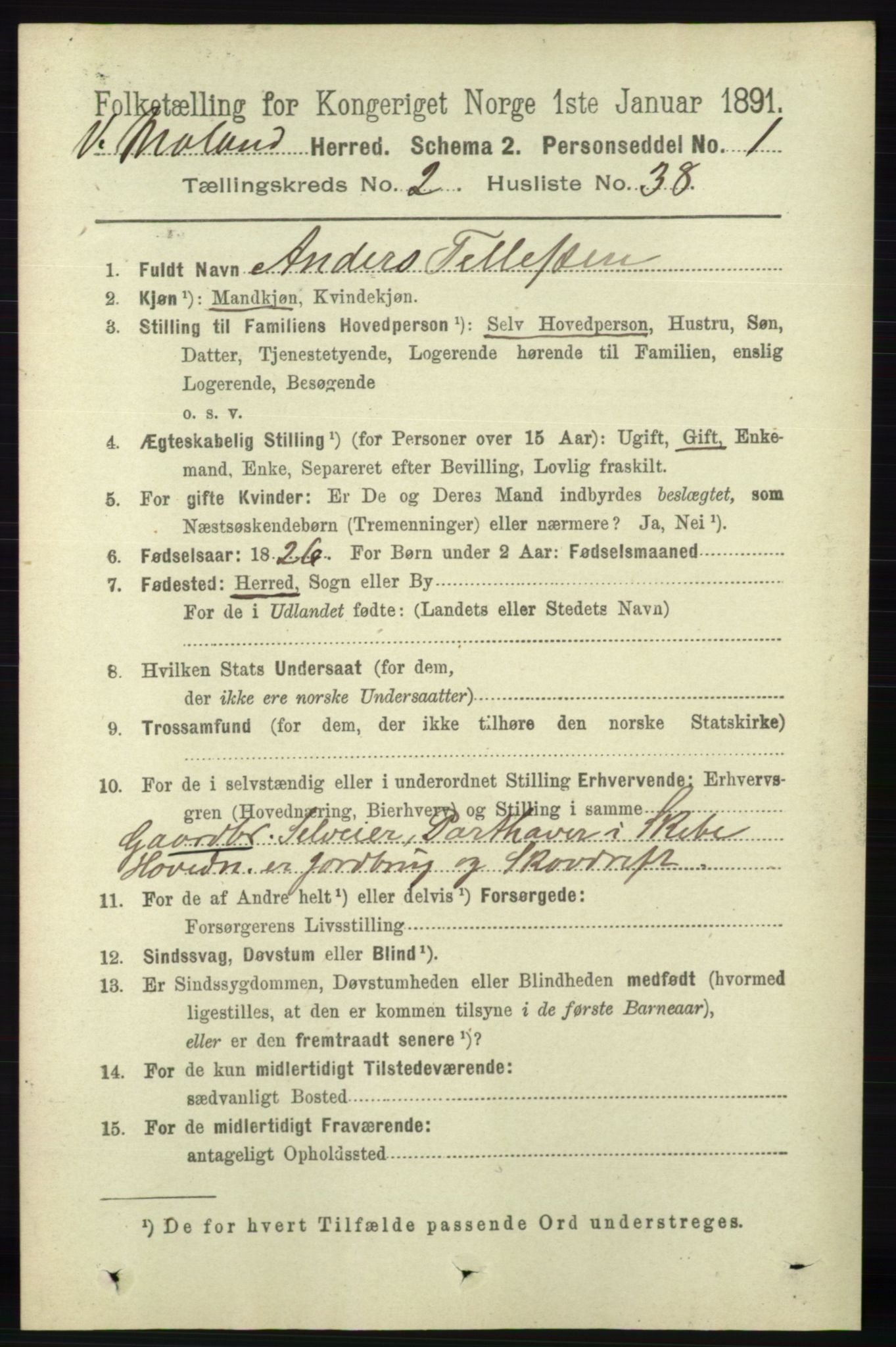 RA, 1891 census for 0926 Vestre Moland, 1891, p. 808