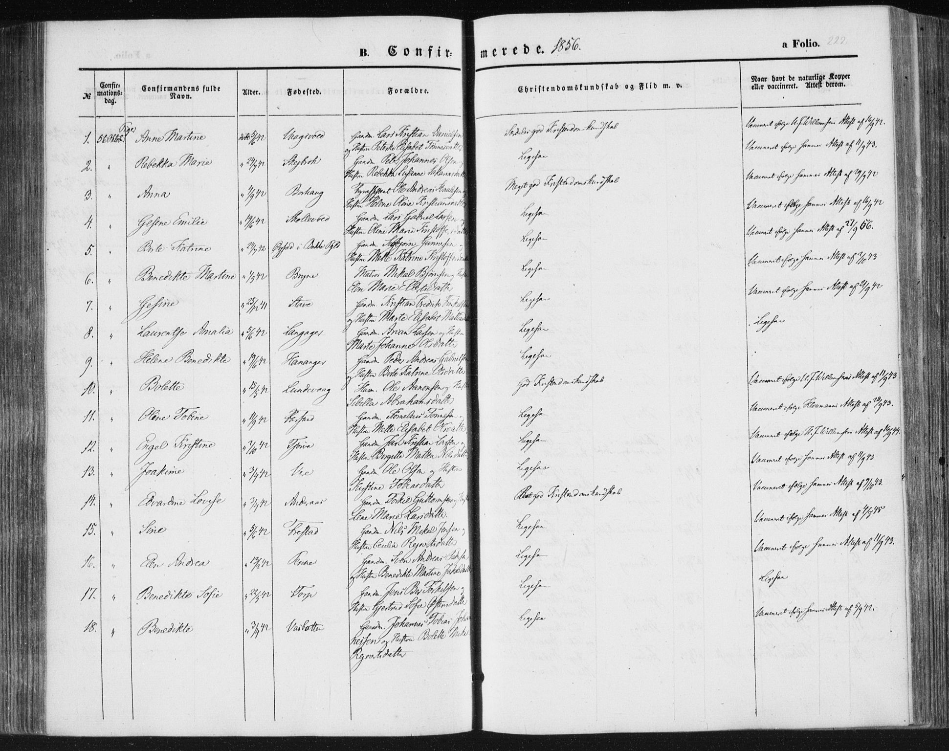 Lista sokneprestkontor, SAK/1111-0027/F/Fa/L0010: Parish register (official) no. A 10, 1846-1861, p. 222