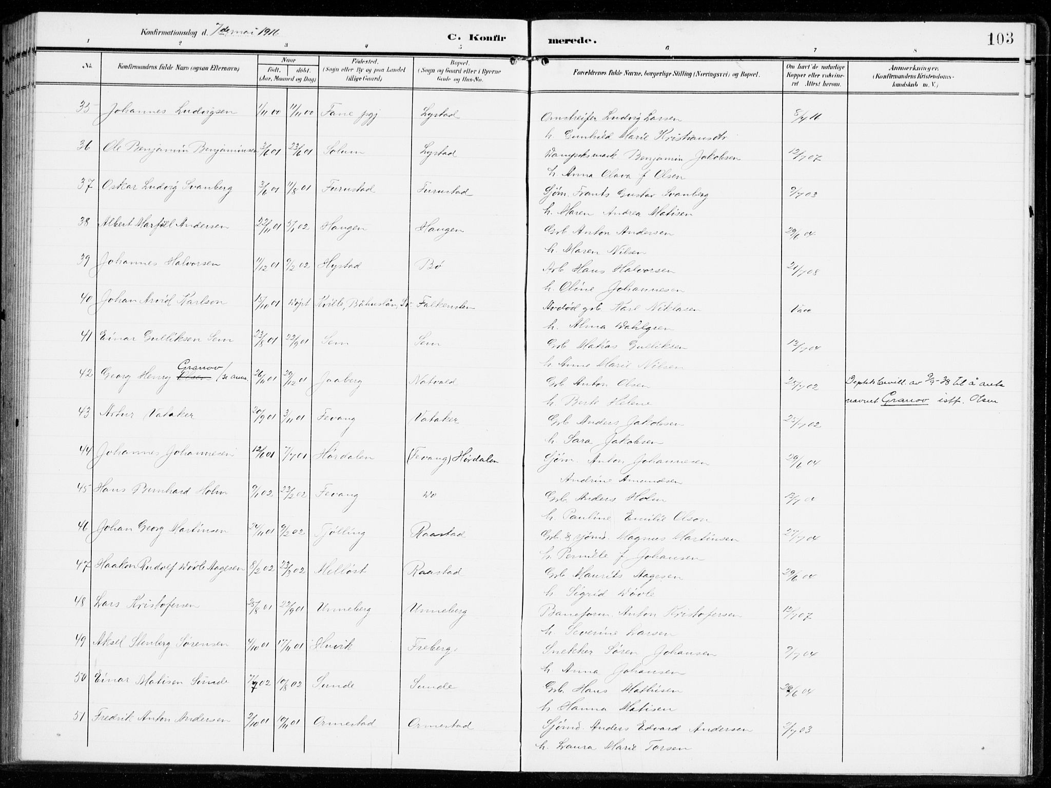 Sandar kirkebøker, AV/SAKO-A-243/F/Fa/L0017: Parish register (official) no. 17, 1907-1917, p. 103