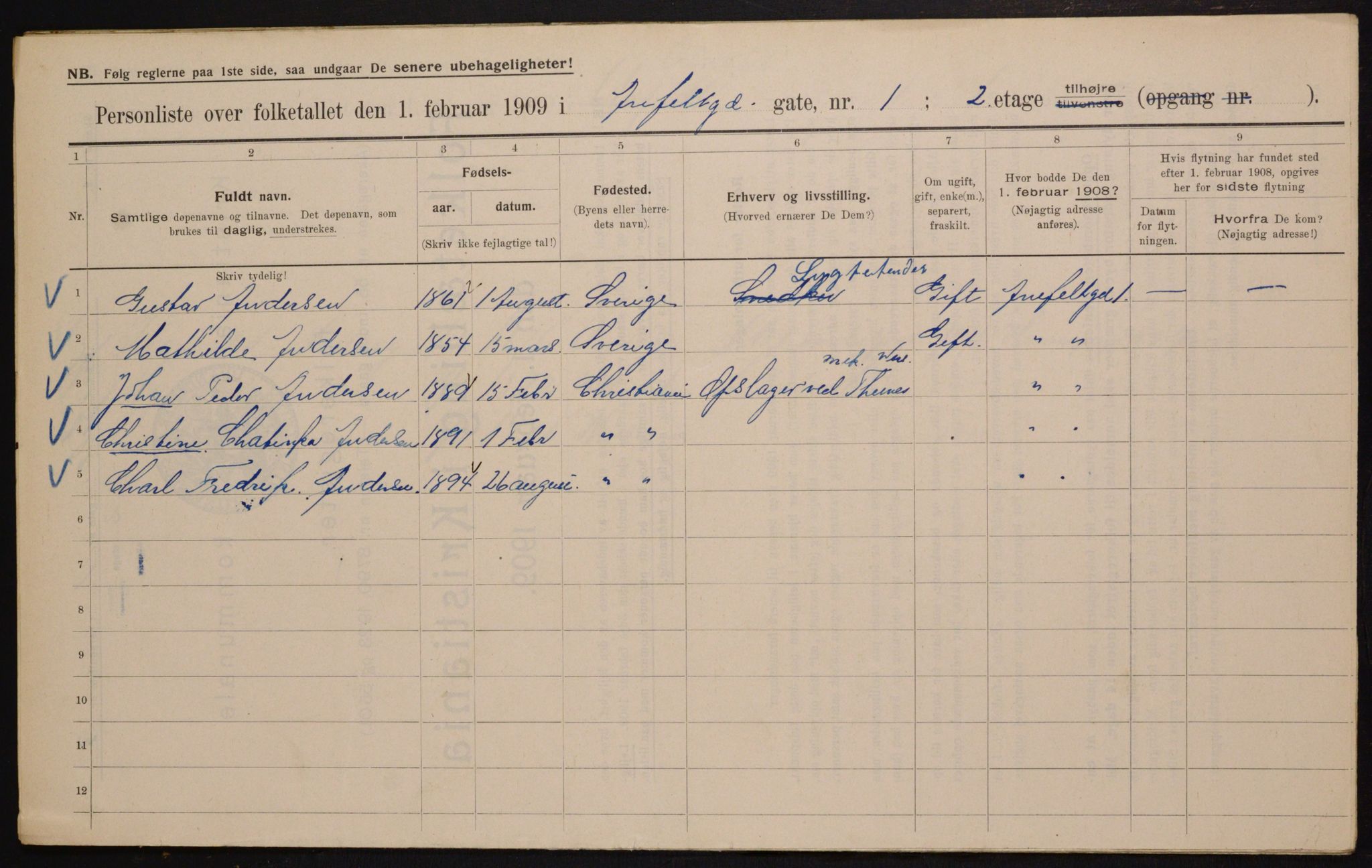 OBA, Municipal Census 1909 for Kristiania, 1909, p. 1037