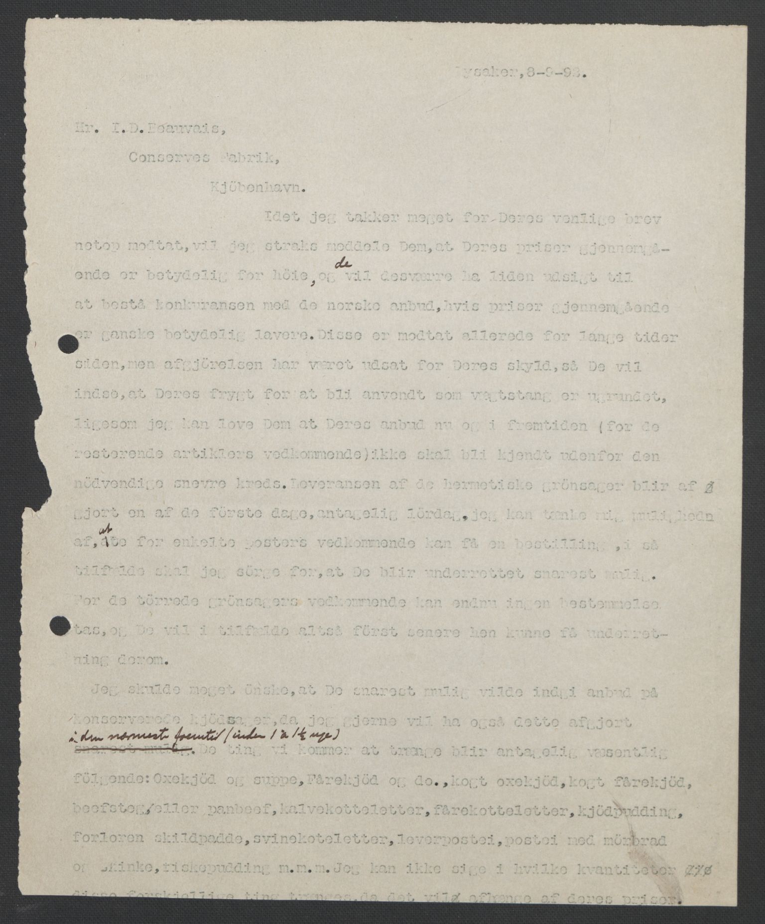 Arbeidskomitéen for Fridtjof Nansens polarekspedisjon, AV/RA-PA-0061/D/L0004: Innk. brev og telegrammer vedr. proviant og utrustning, 1892-1893, p. 36