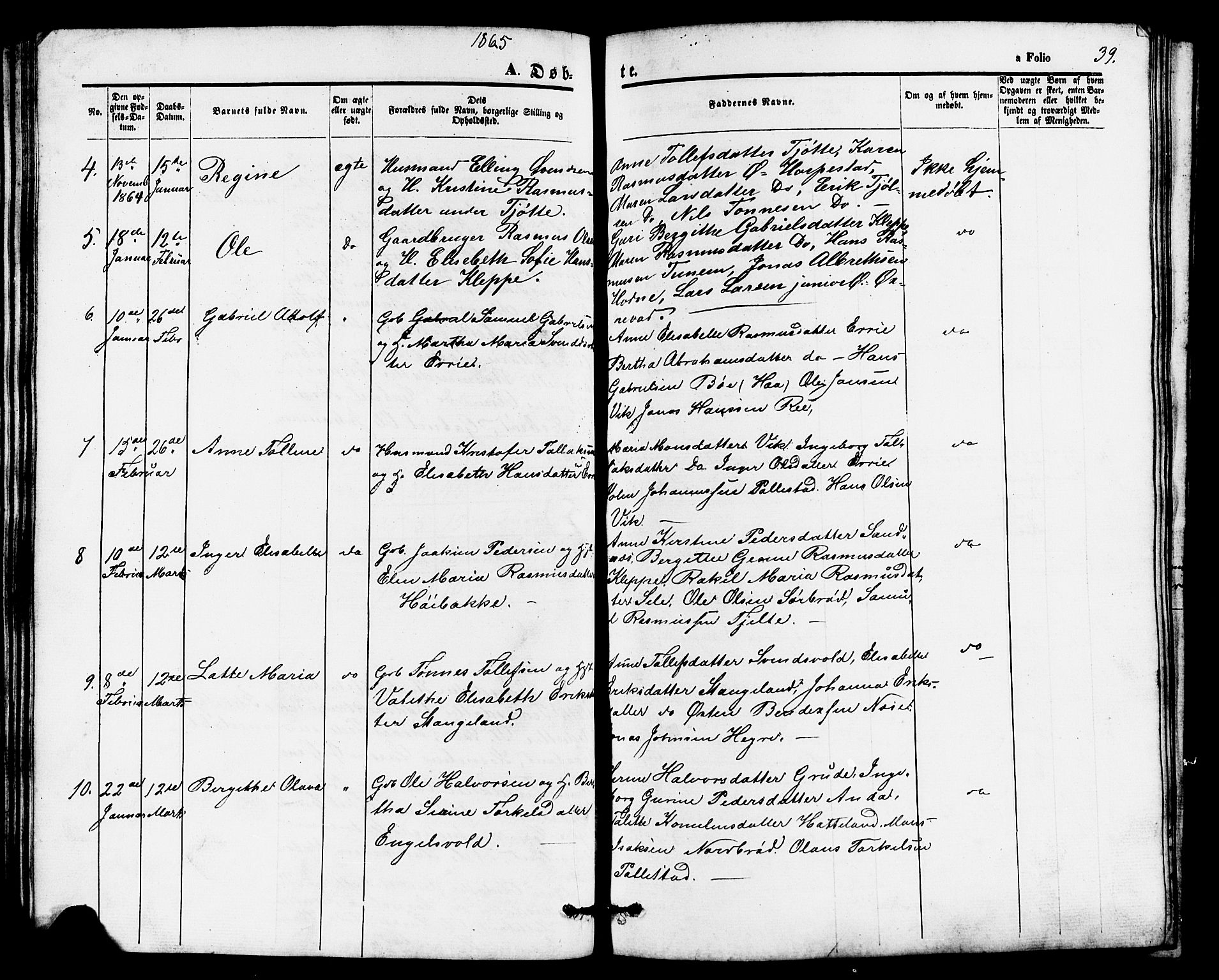 Klepp sokneprestkontor, SAST/A-101803/001/3/30BB/L0002: Parish register (copy) no. B 2, 1860-1875, p. 39