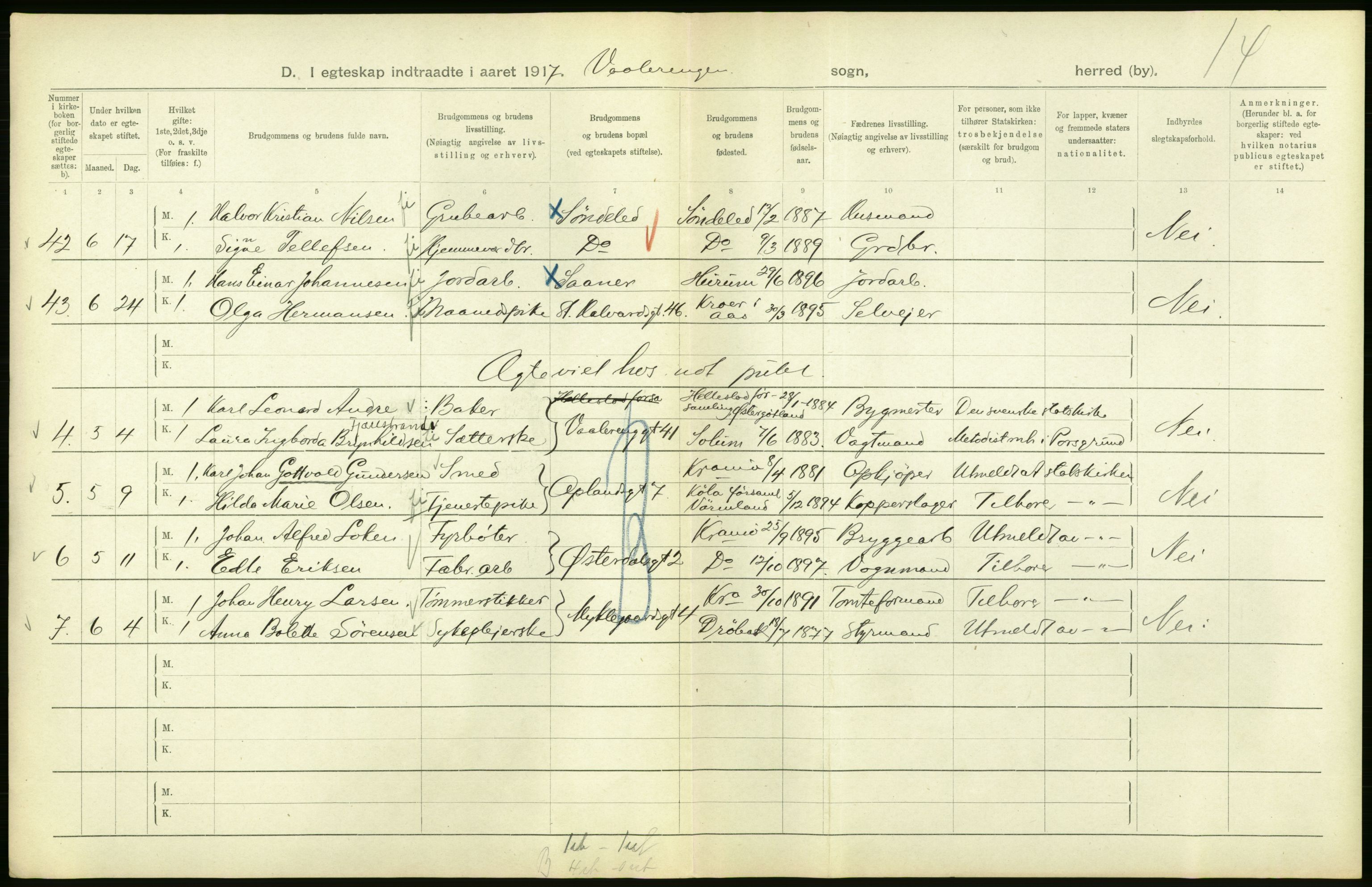 Statistisk sentralbyrå, Sosiodemografiske emner, Befolkning, AV/RA-S-2228/D/Df/Dfb/Dfbg/L0009: Kristiania: Gifte, 1917, p. 82