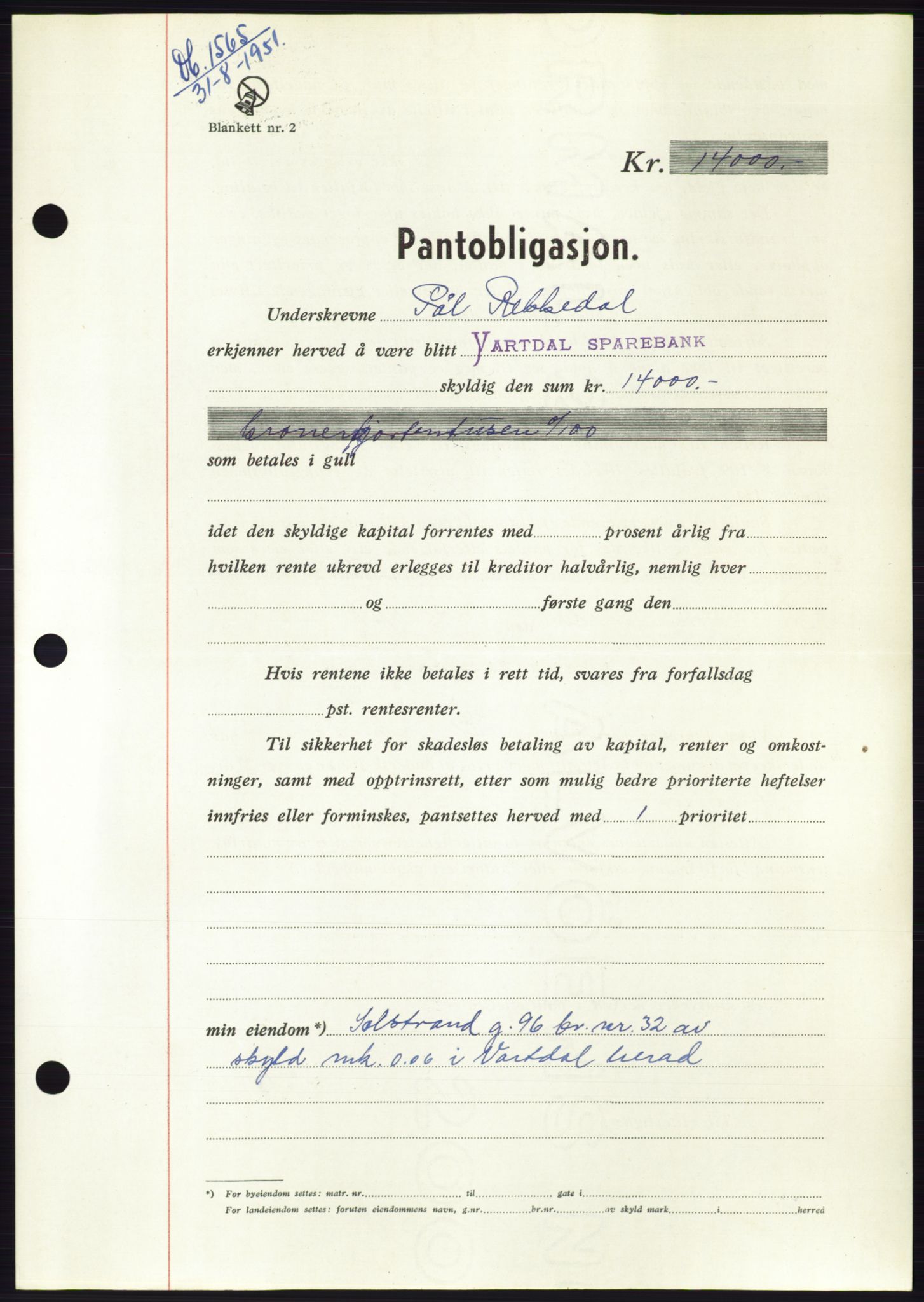 Søre Sunnmøre sorenskriveri, AV/SAT-A-4122/1/2/2C/L0120: Mortgage book no. 8B, 1951-1951, Diary no: : 1565/1951
