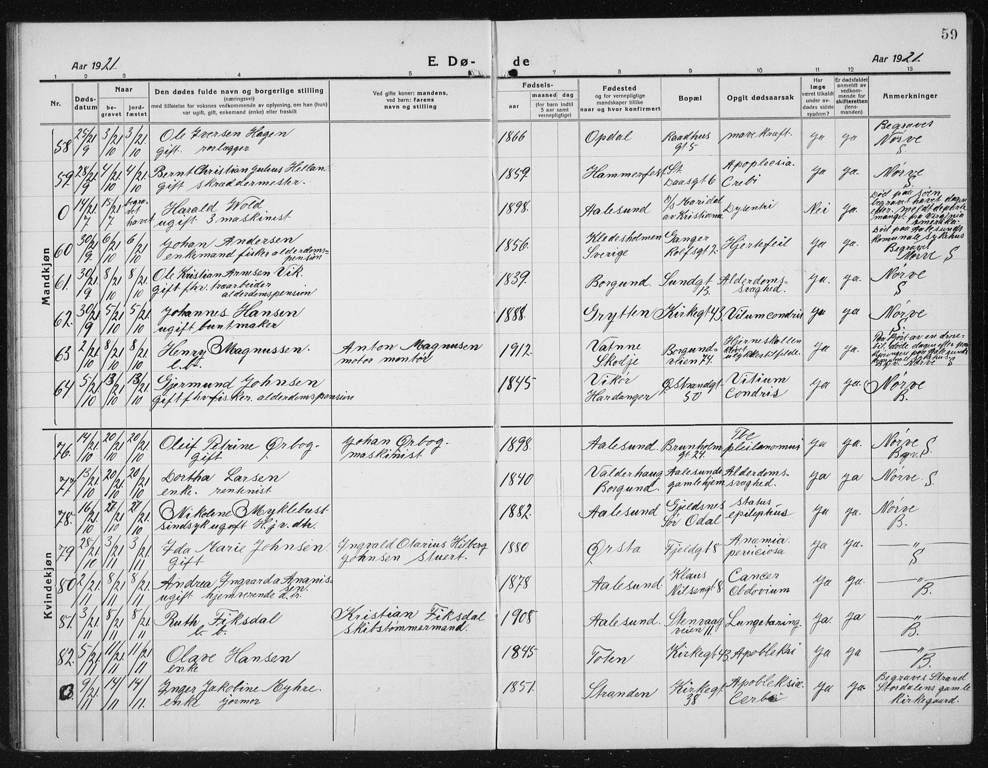 Ministerialprotokoller, klokkerbøker og fødselsregistre - Møre og Romsdal, AV/SAT-A-1454/529/L0474: Parish register (copy) no. 529C11, 1918-1938, p. 59