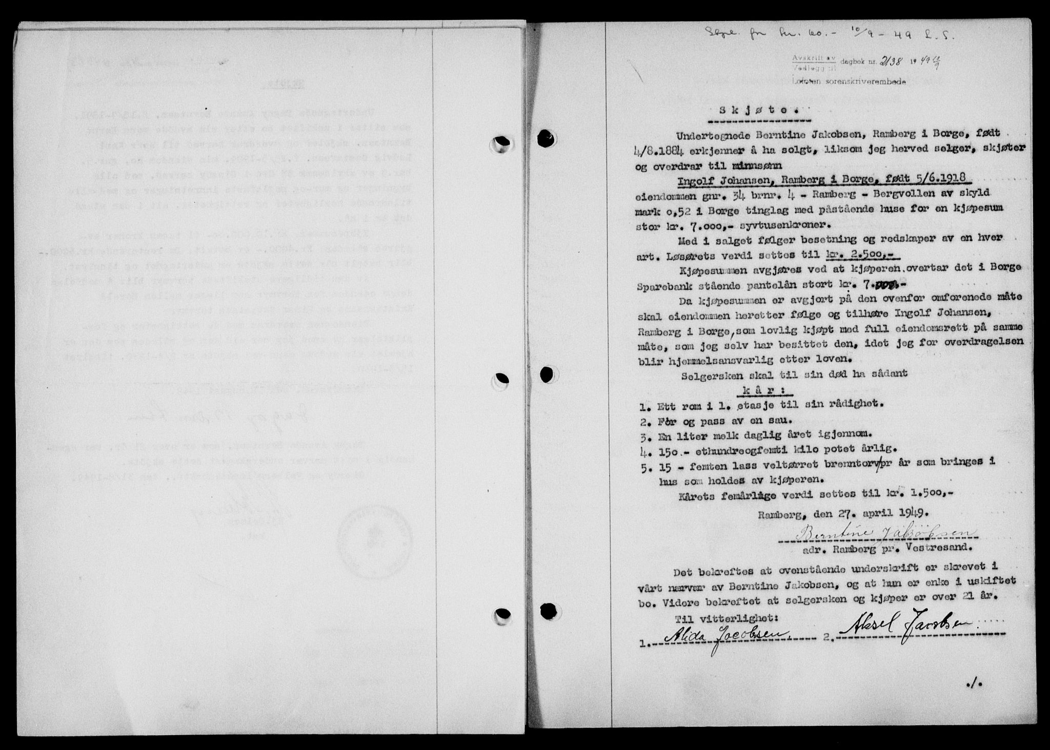 Lofoten sorenskriveri, SAT/A-0017/1/2/2C/L0021a: Mortgage book no. 21a, 1949-1949, Diary no: : 2138/1949