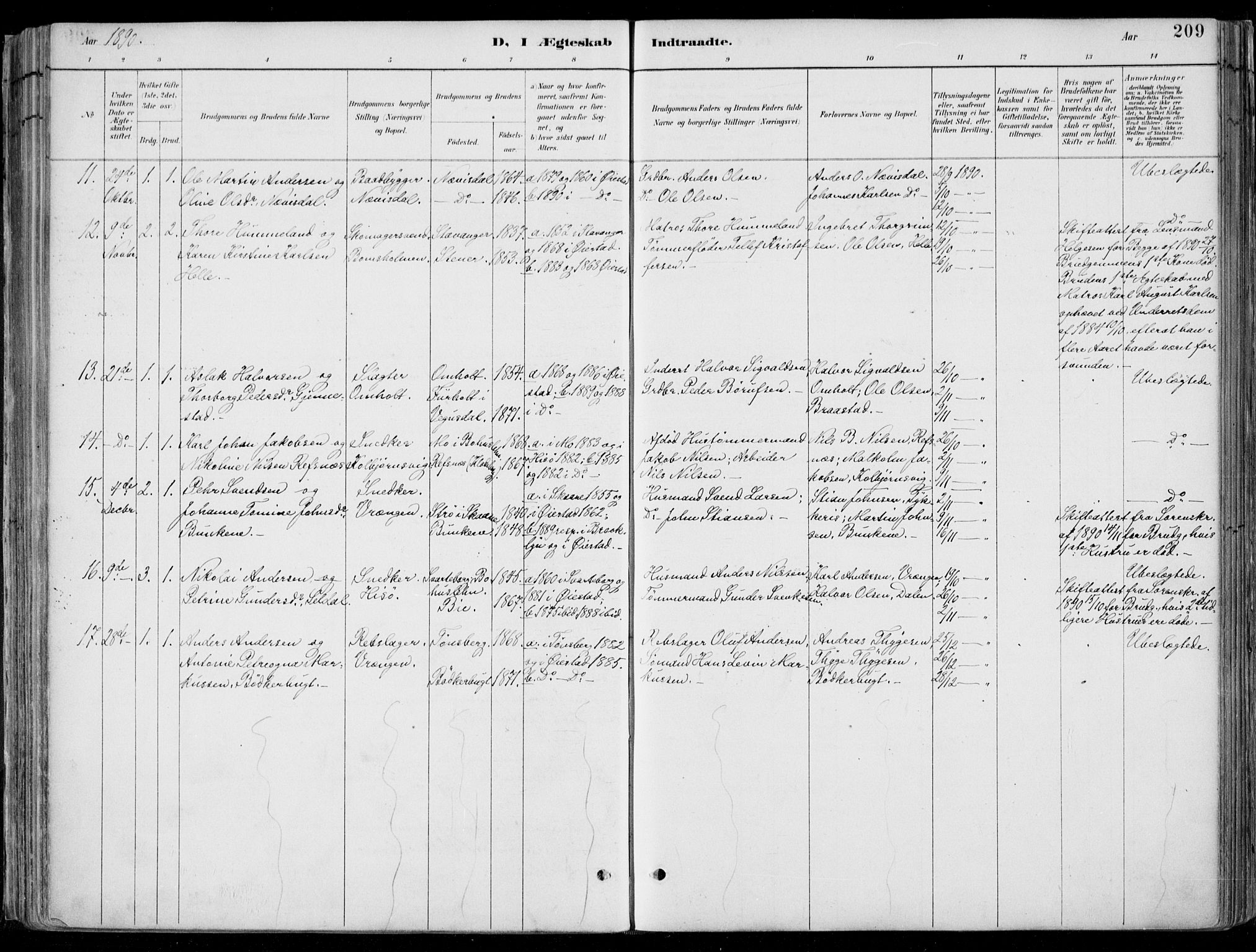 Øyestad sokneprestkontor, SAK/1111-0049/F/Fa/L0017: Parish register (official) no. A 17, 1887-1896, p. 209