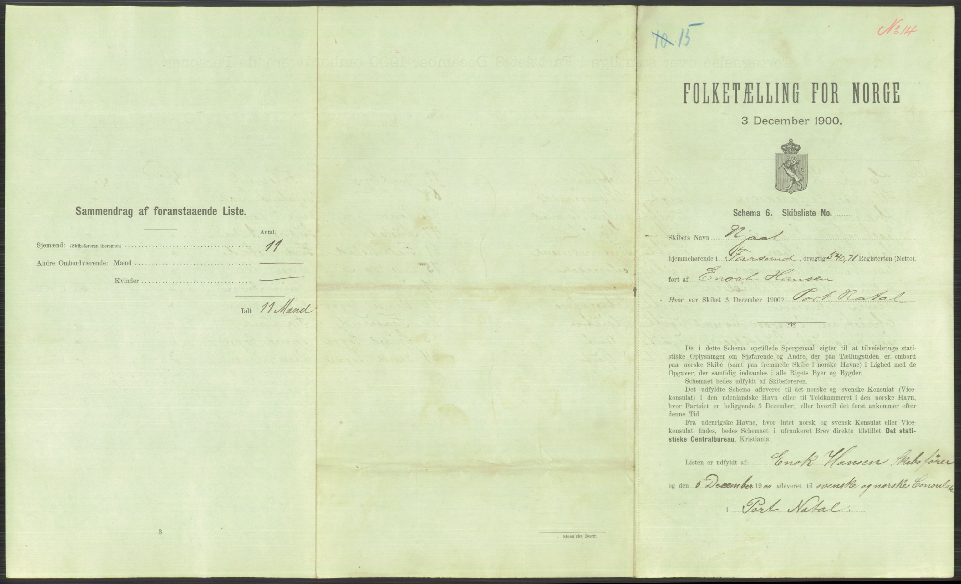 RA, 1900 Census - ship lists from ships in Norwegian harbours, harbours abroad and at sea, 1900, p. 5061