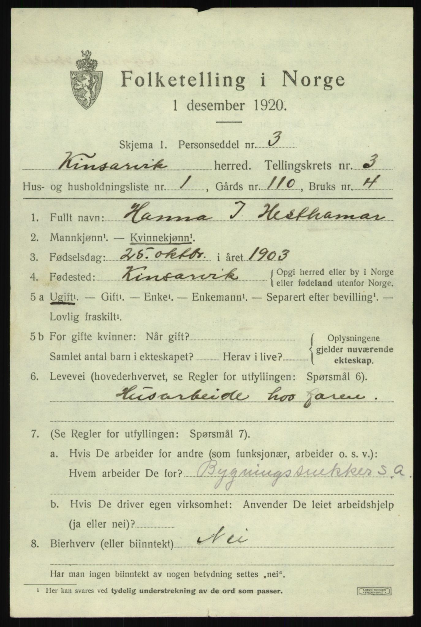 SAB, 1920 census for Kinsarvik, 1920, p. 1794