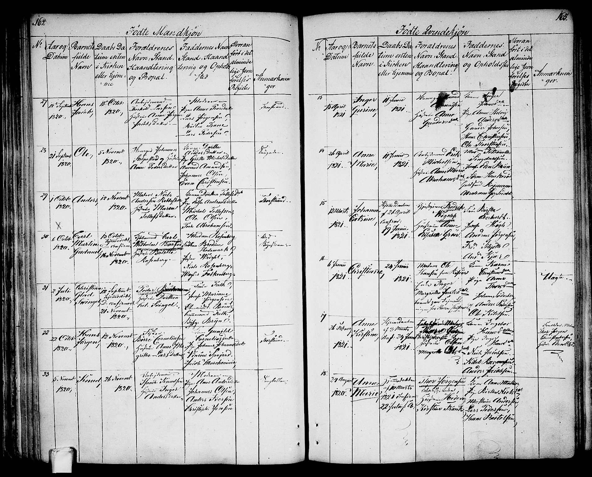 Larvik kirkebøker, AV/SAKO-A-352/G/Ga/L0002: Parish register (copy) no. I 2, 1807-1830, p. 164-165