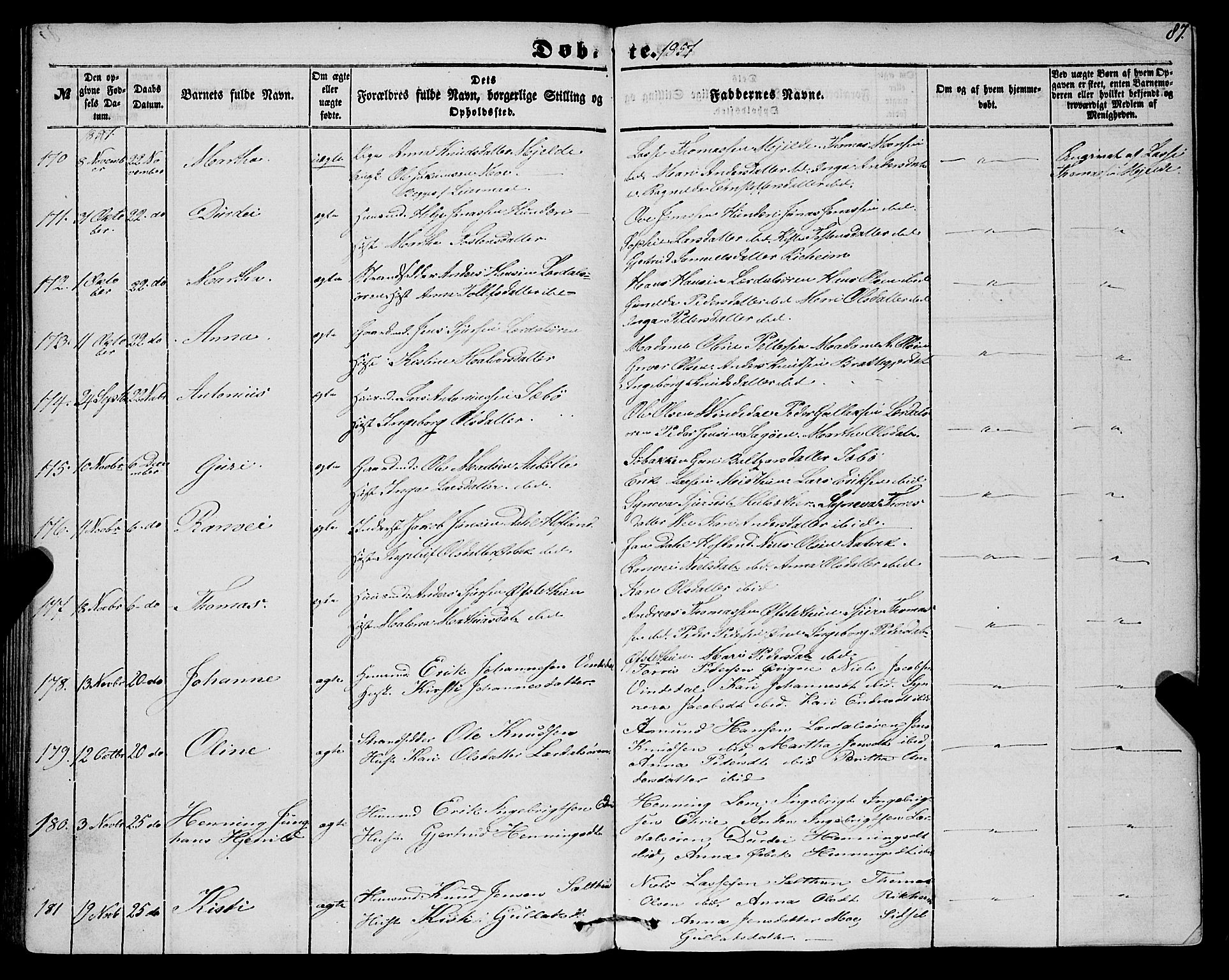 Lærdal sokneprestembete, SAB/A-81201: Parish register (official) no. A 11, 1850-1866, p. 87
