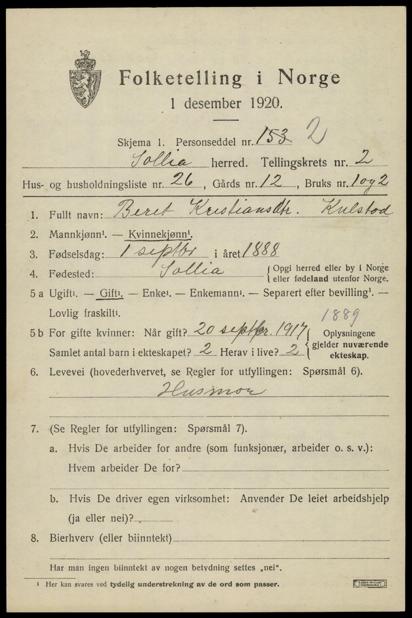 SAH, 1920 census for Sollia, 1920, p. 605