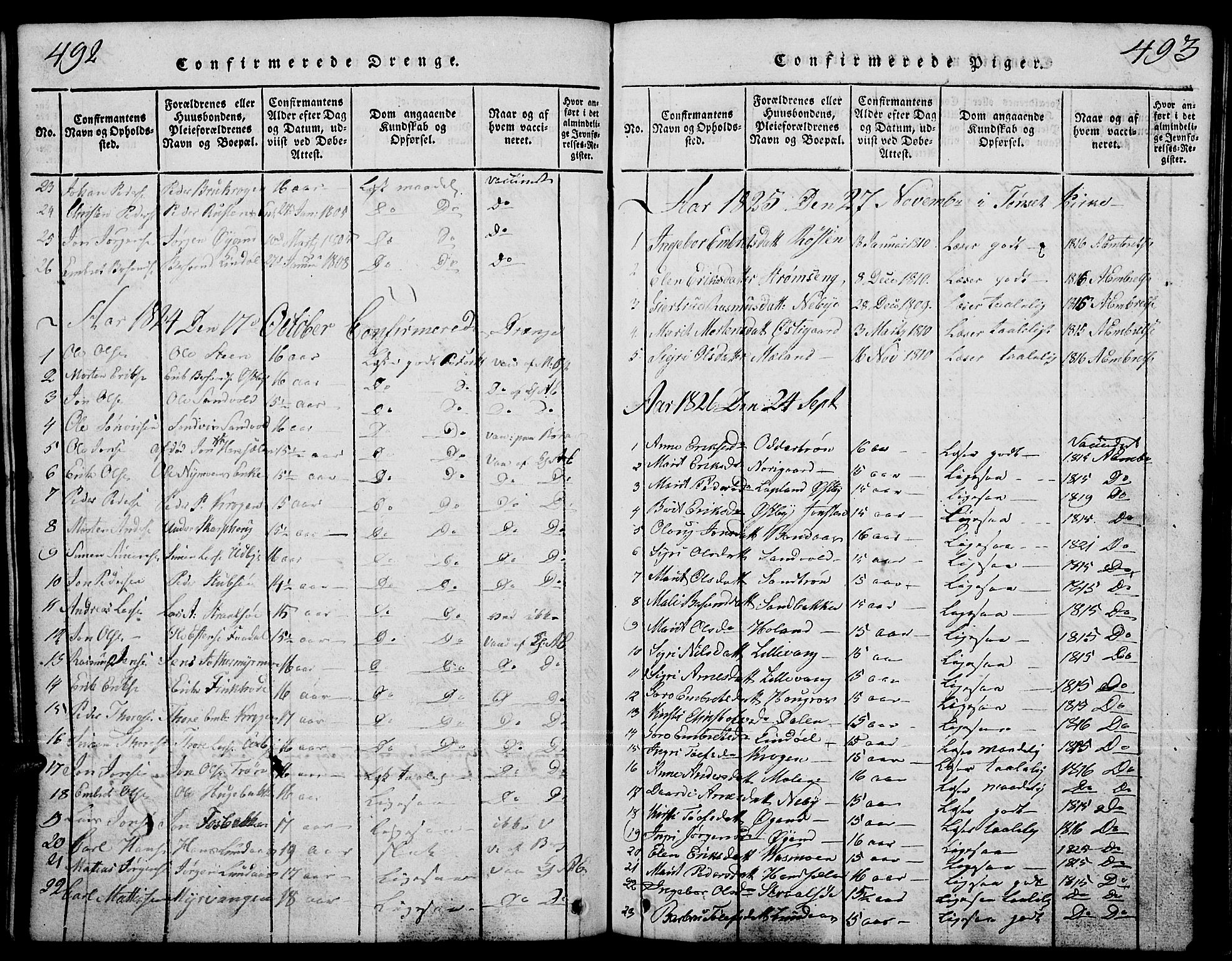 Tynset prestekontor, SAH/PREST-058/H/Ha/Hab/L0001: Parish register (copy) no. 1, 1814-1859, p. 492-493