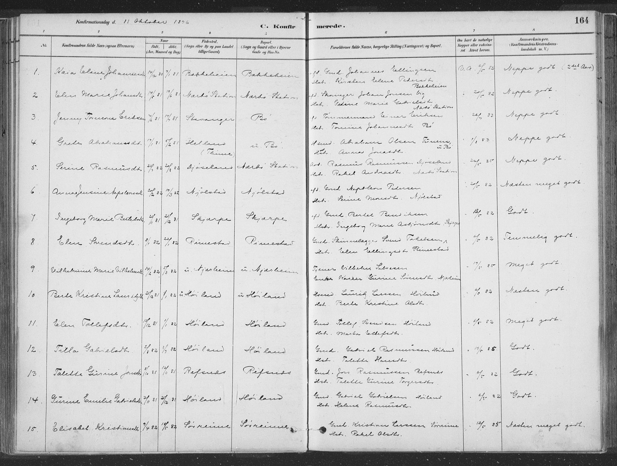 Hå sokneprestkontor, SAST/A-101801/001/30BA/L0010: Parish register (official) no. A 9, 1879-1896, p. 164