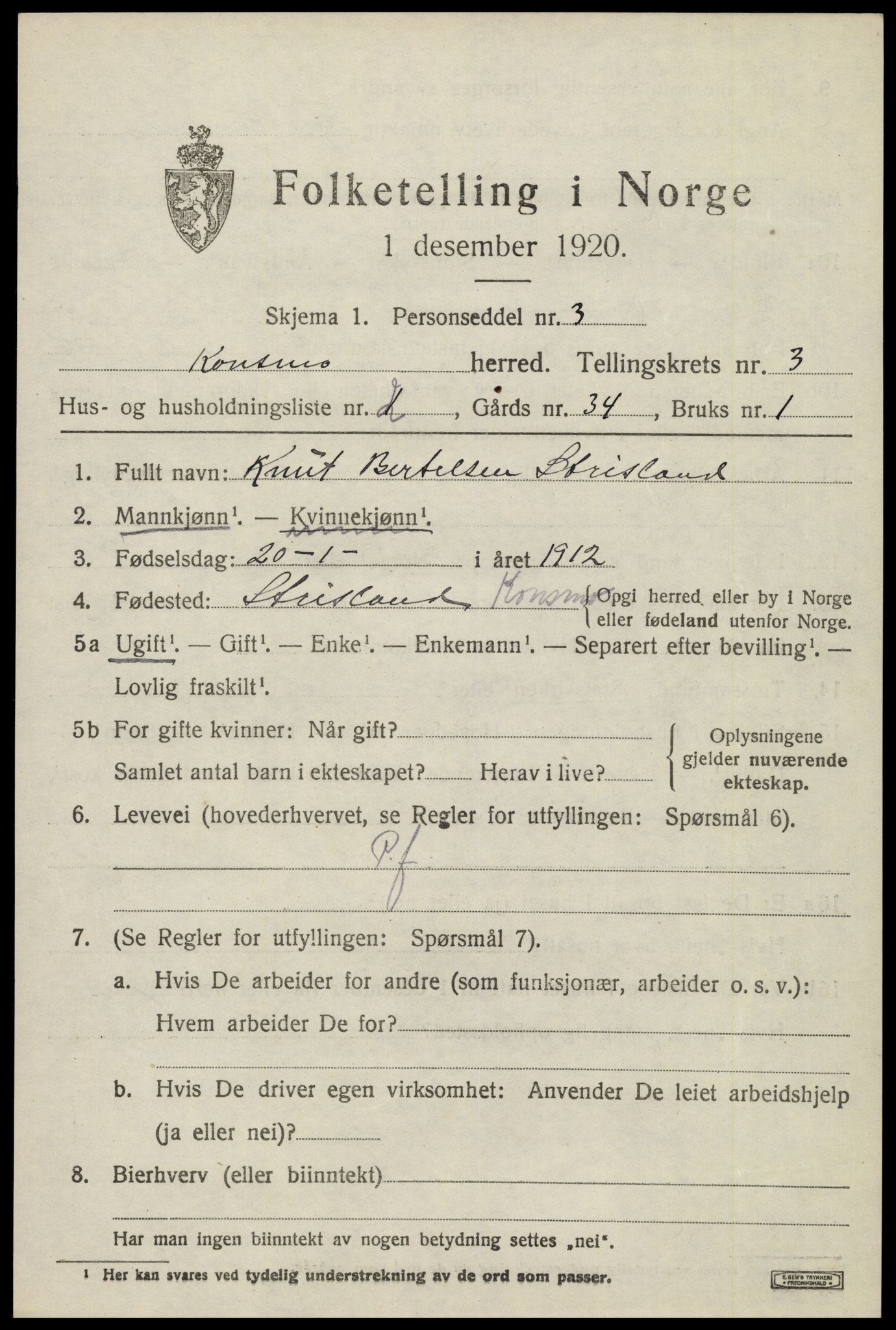 SAK, 1920 census for Konsmo, 1920, p. 1136