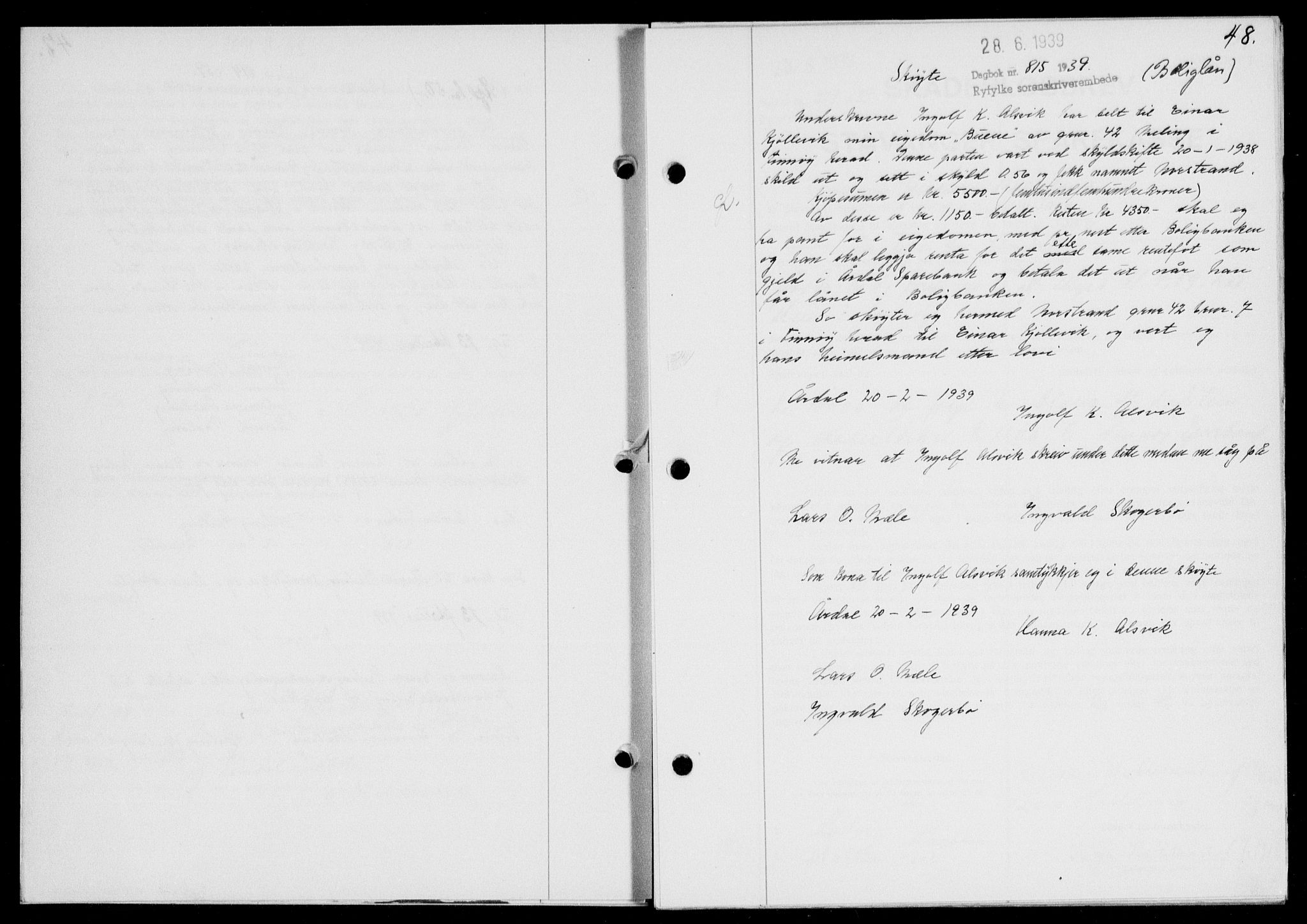 Ryfylke tingrett, SAST/A-100055/001/II/IIB/L0080: Mortgage book no. 59, 1939-1939, Diary no: : 815/1939