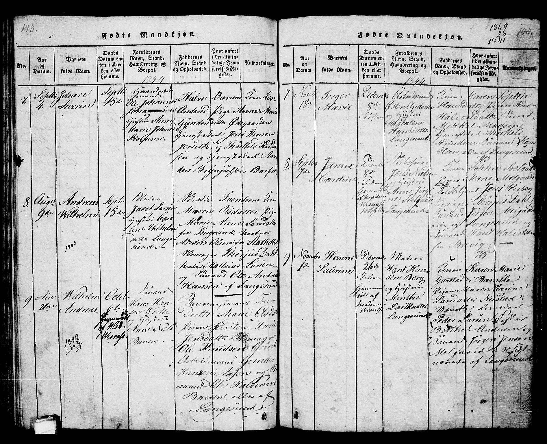 Langesund kirkebøker, SAKO/A-280/G/Ga/L0003: Parish register (copy) no. 3, 1815-1858, p. 143-144