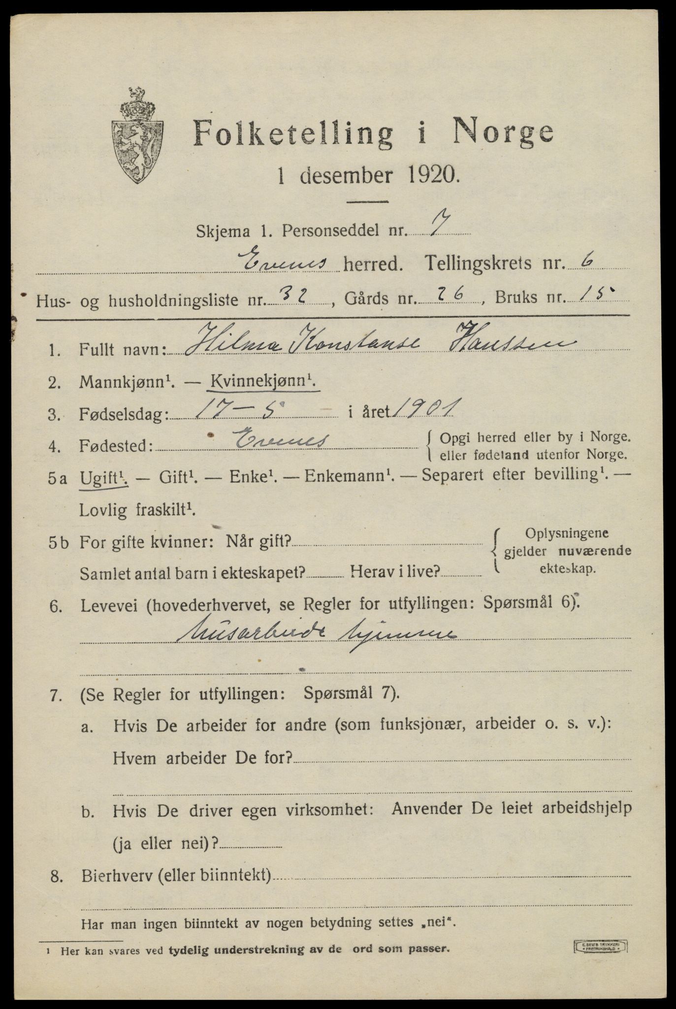 SAT, 1920 census for Evenes, 1920, p. 5856