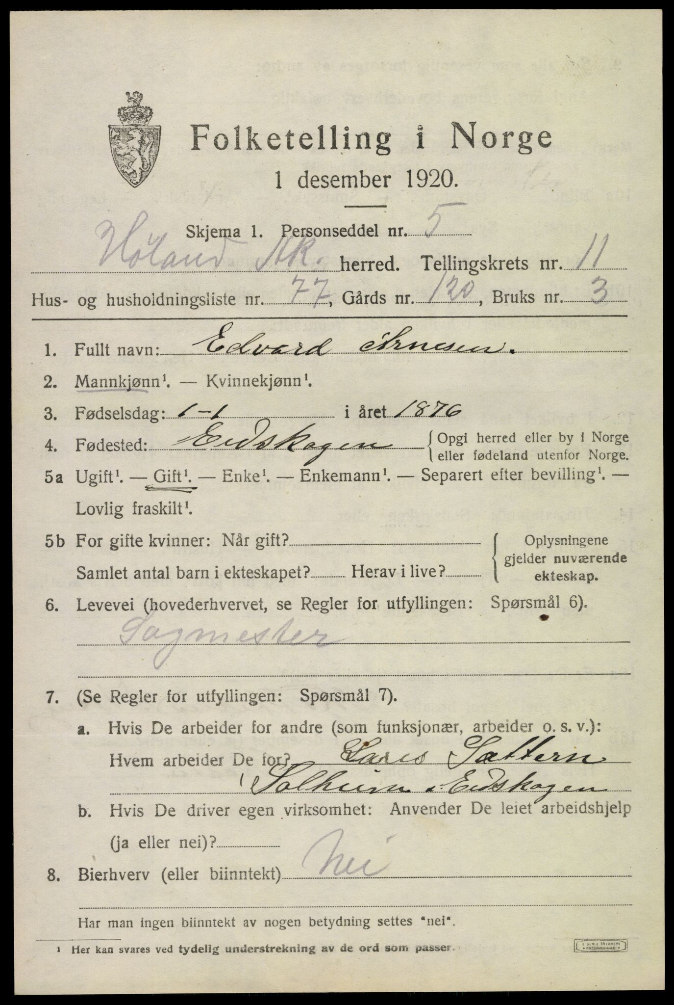 SAO, 1920 census for Høland, 1920, p. 11623