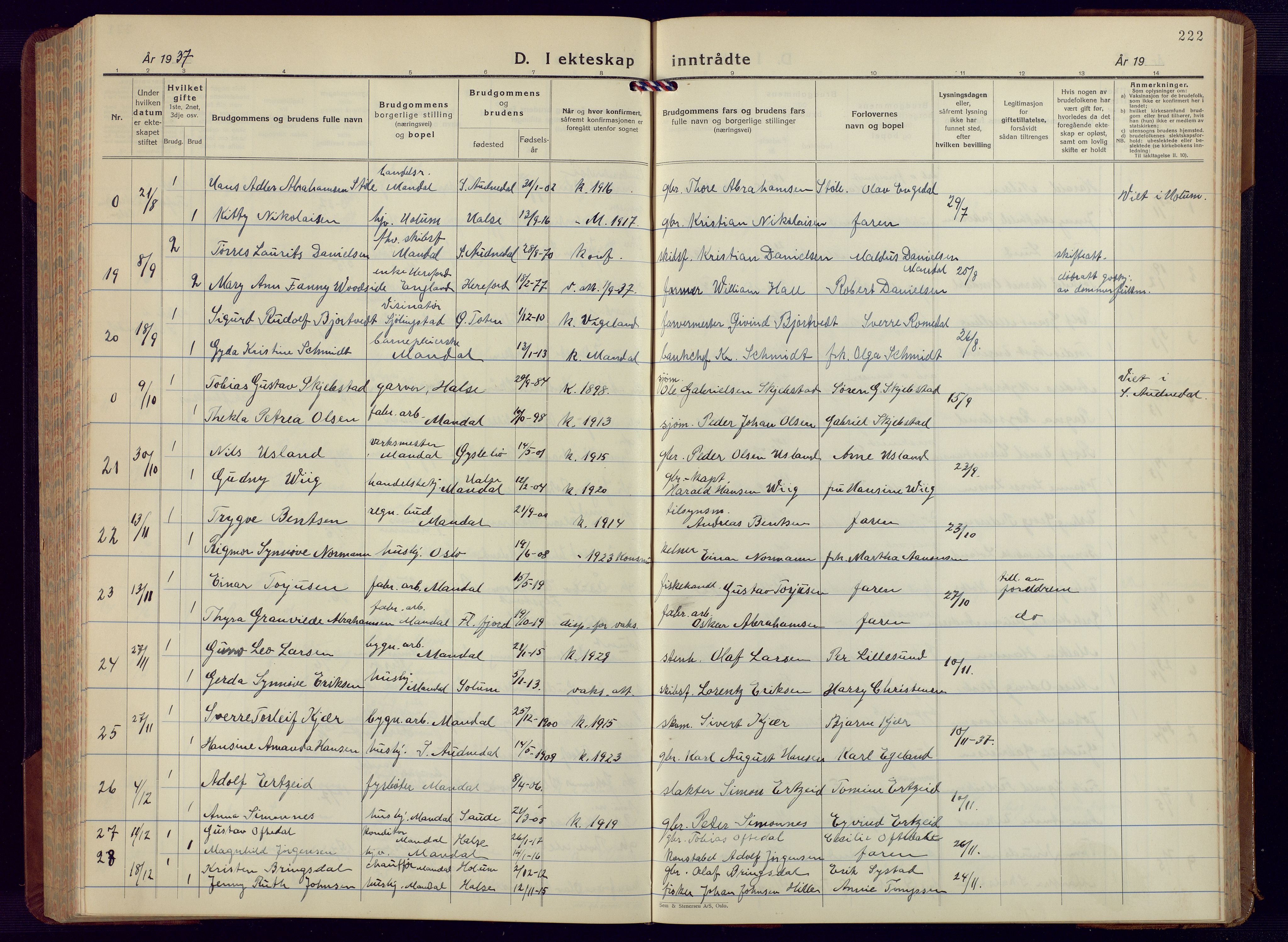 Mandal sokneprestkontor, AV/SAK-1111-0030/F/Fb/Fbc/L0002: Parish register (copy) no. B 2, 1931-1949, p. 222
