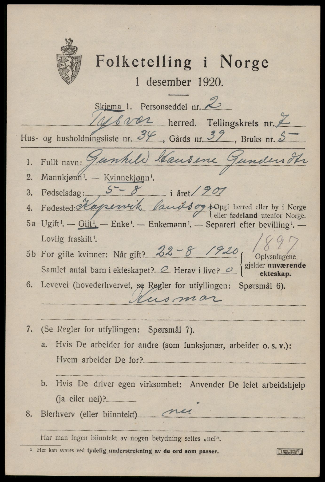 SAST, 1920 census for Tysvær, 1920, p. 2764