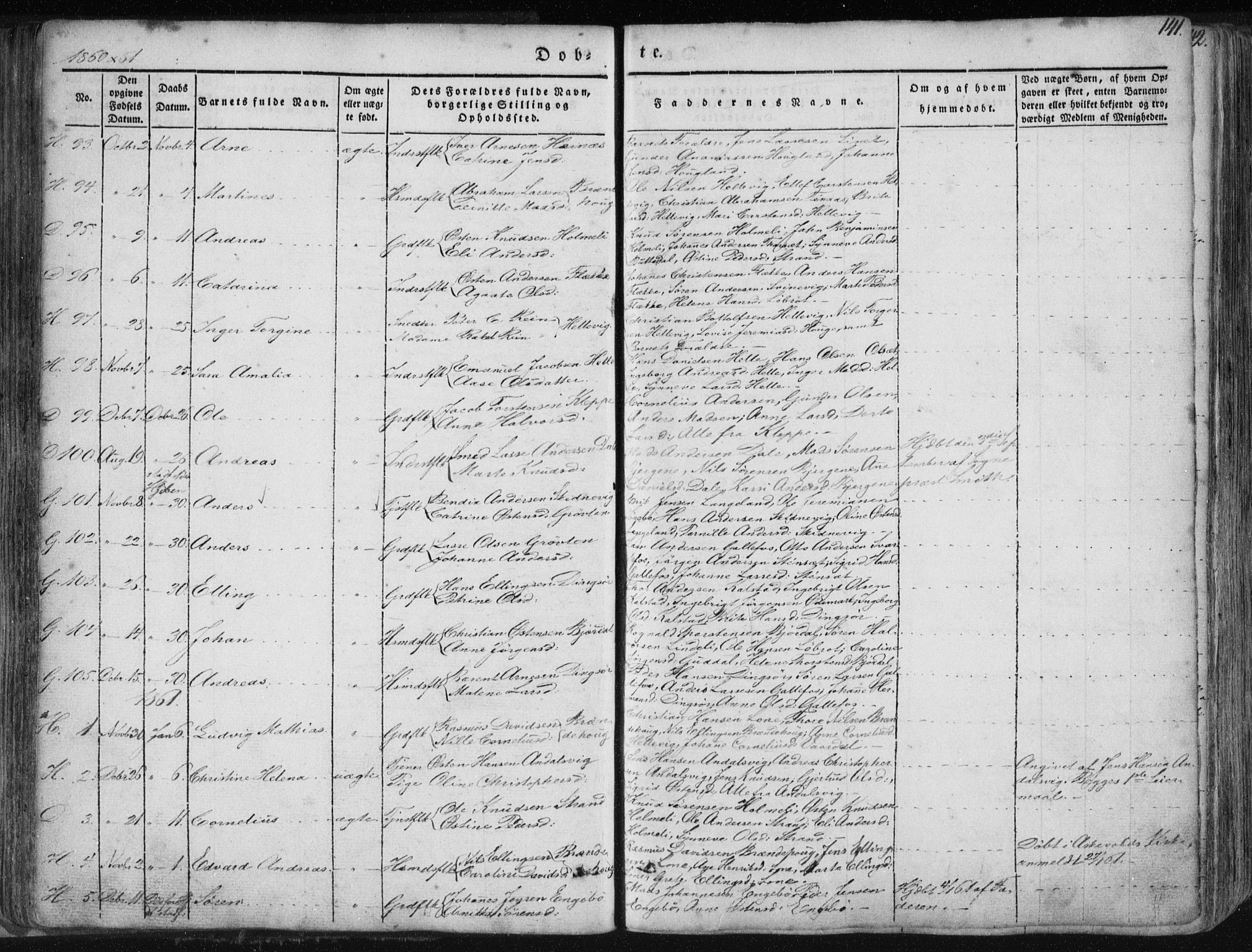 Fjaler sokneprestembete, SAB/A-79801/H/Haa/Haaa/L0006: Parish register (official) no. A 6, 1835-1884, p. 141