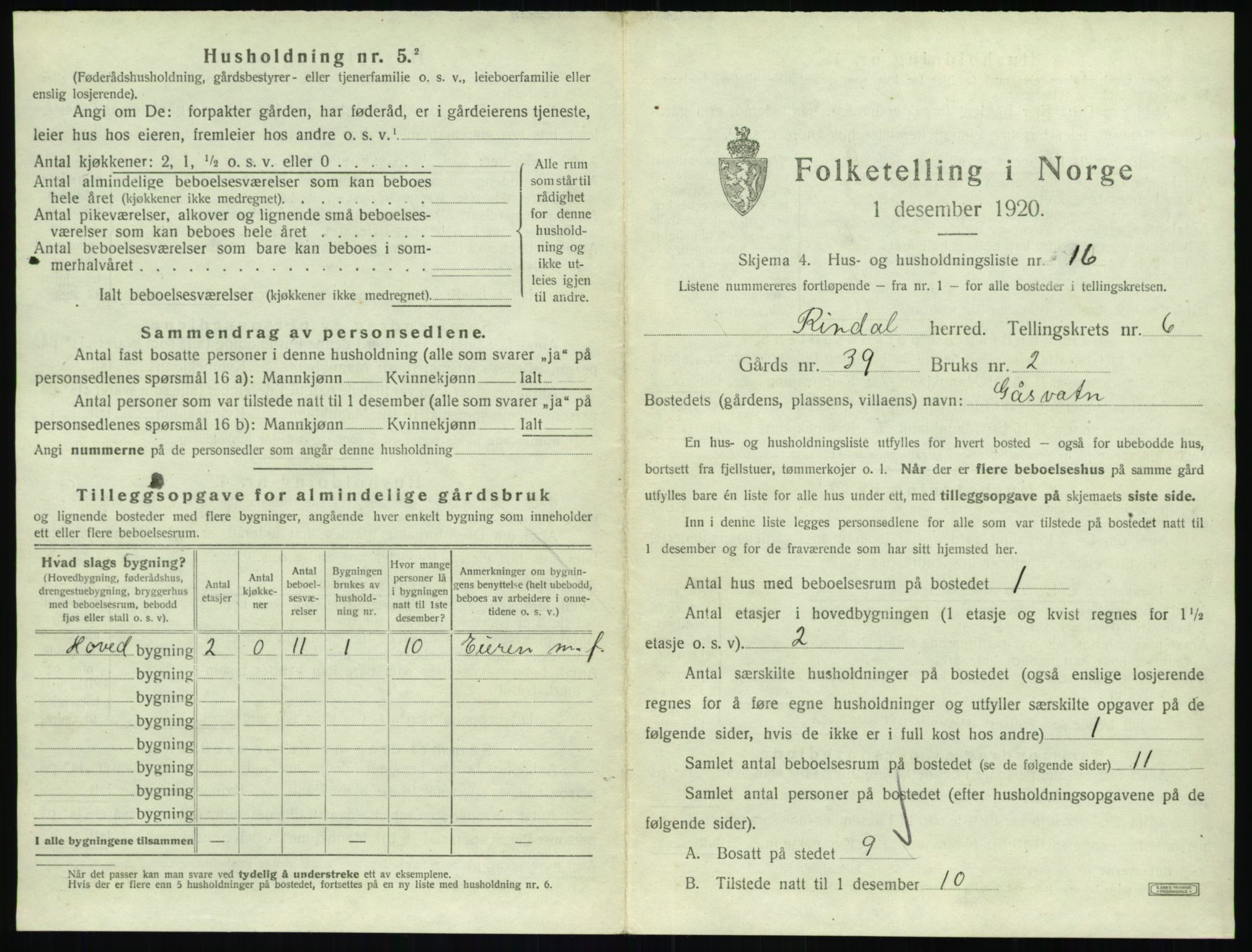 SAT, 1920 census for Rindal, 1920, p. 462