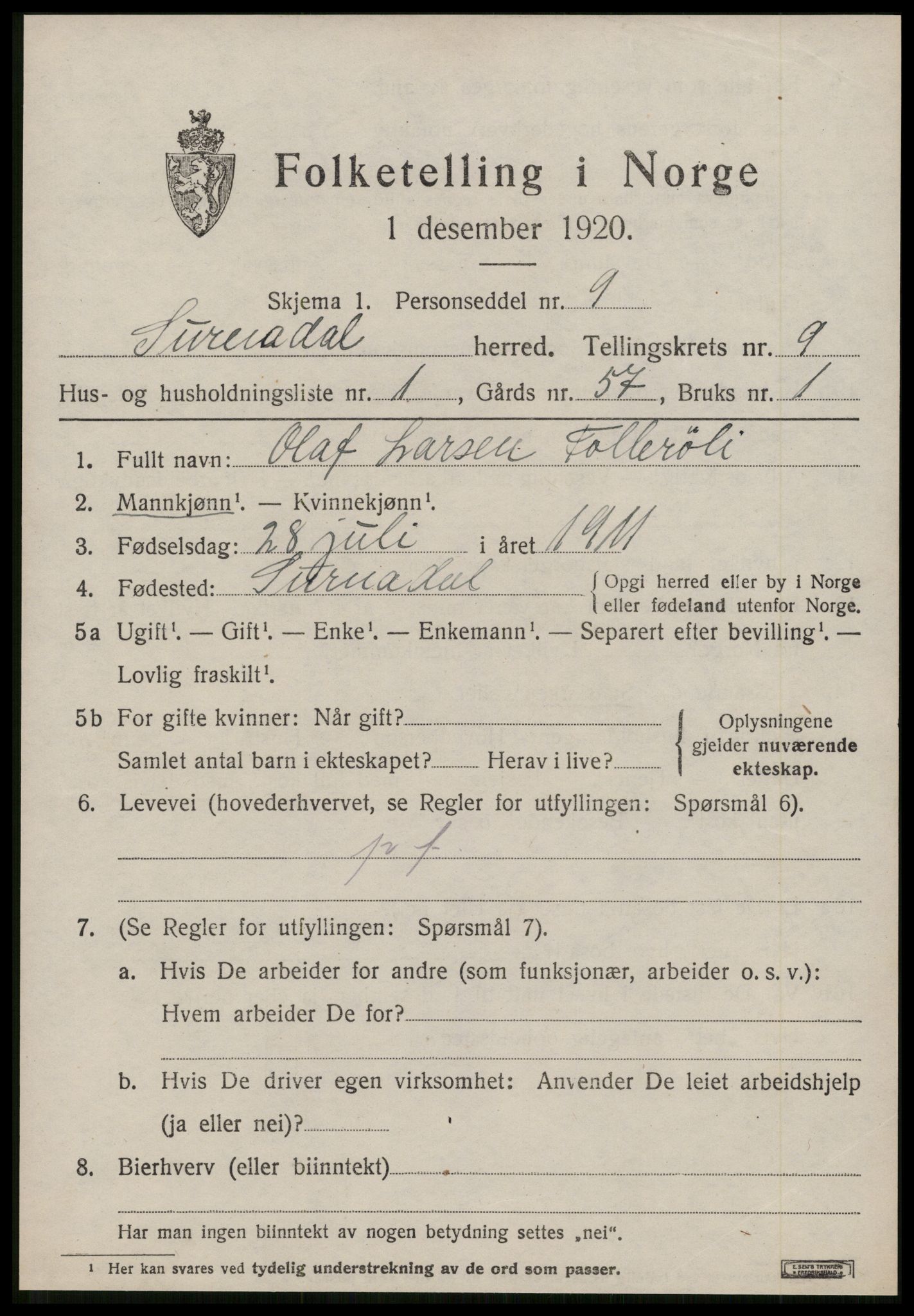 SAT, 1920 census for Surnadal, 1920, p. 6373