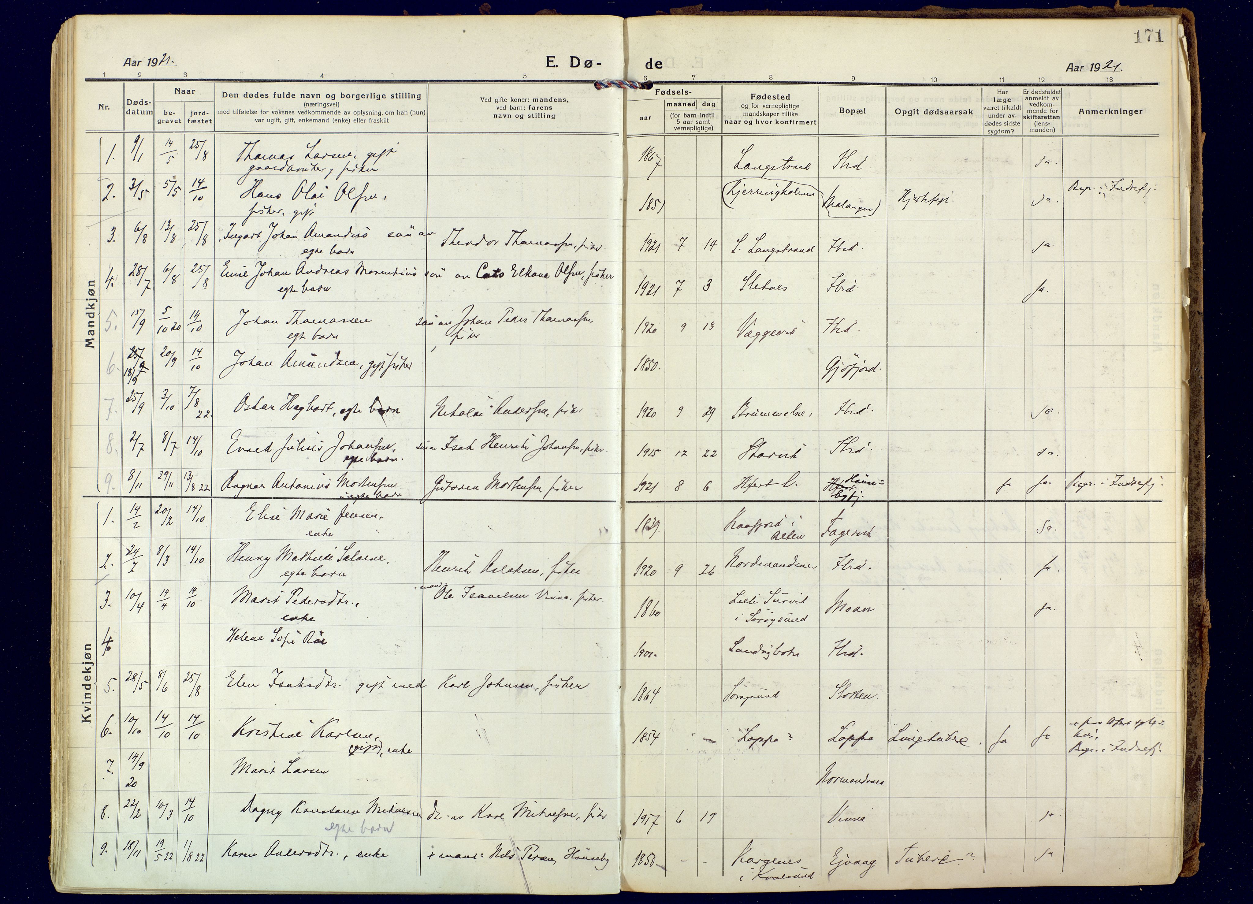 Hammerfest sokneprestkontor, AV/SATØ-S-1347/H/Ha/L0018.kirke: Parish register (official) no. 18, 1918-1933, p. 171