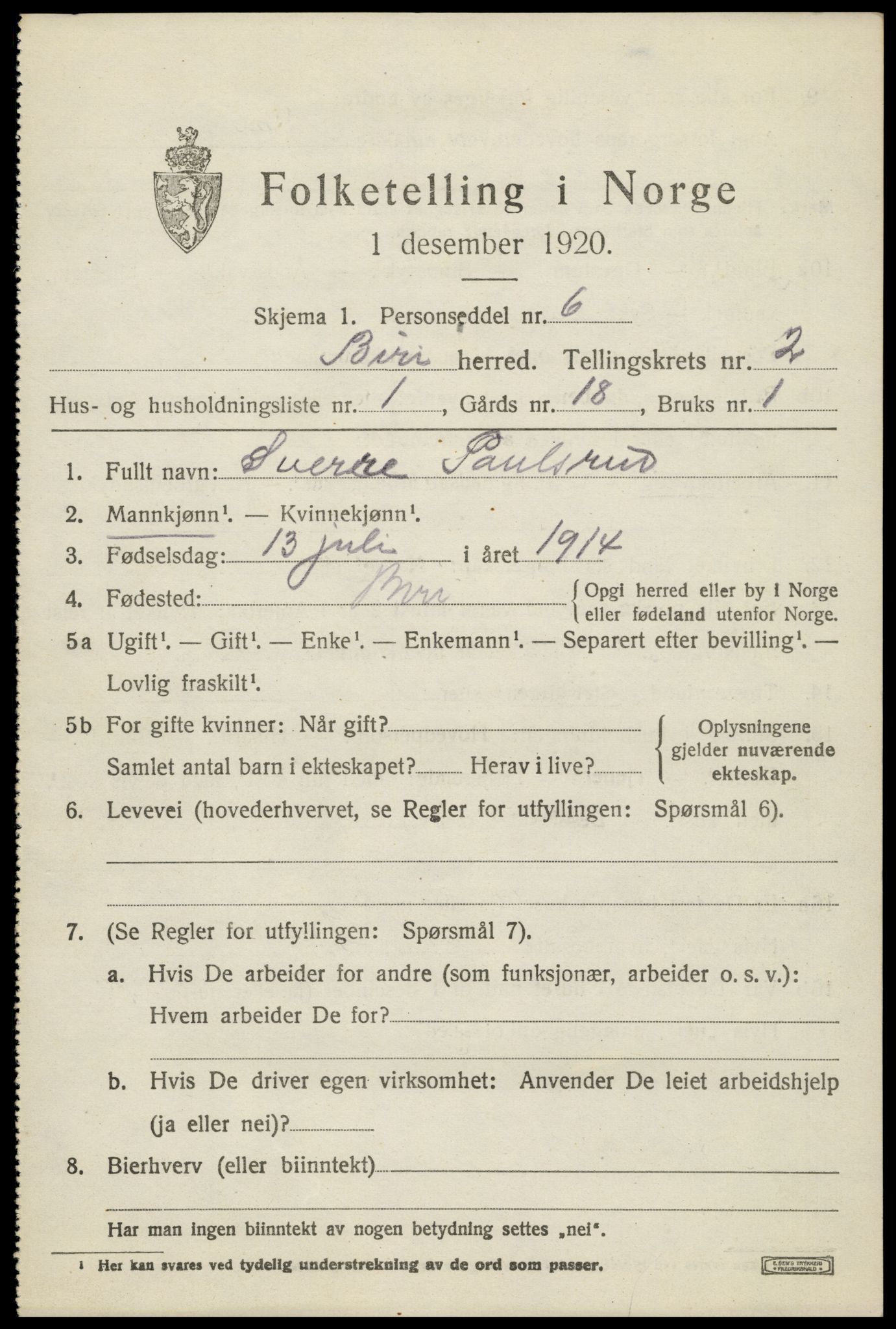 SAH, 1920 census for Biri, 1920, p. 2035