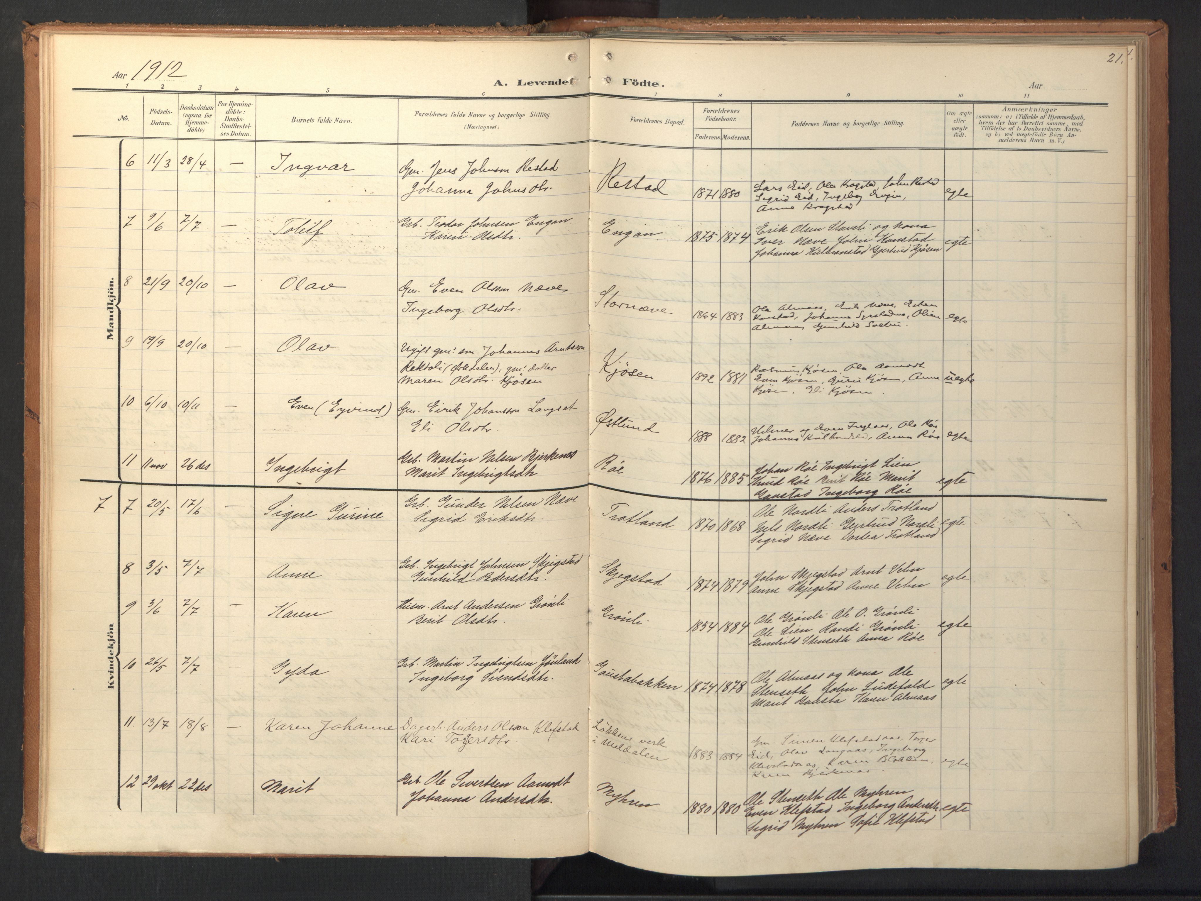 Ministerialprotokoller, klokkerbøker og fødselsregistre - Sør-Trøndelag, SAT/A-1456/694/L1128: Parish register (official) no. 694A02, 1906-1931, p. 21