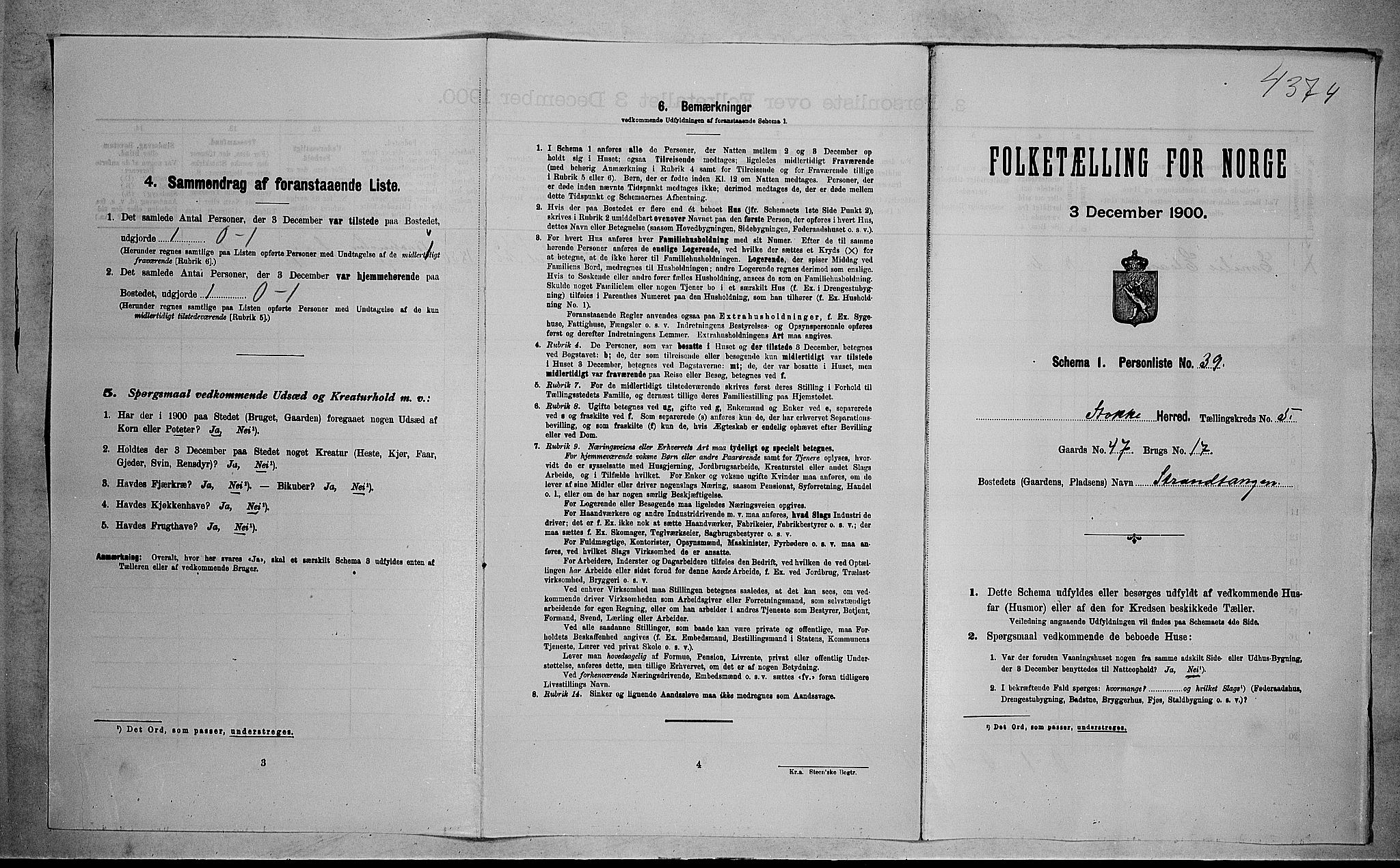 RA, 1900 census for Stokke, 1900, p. 1054