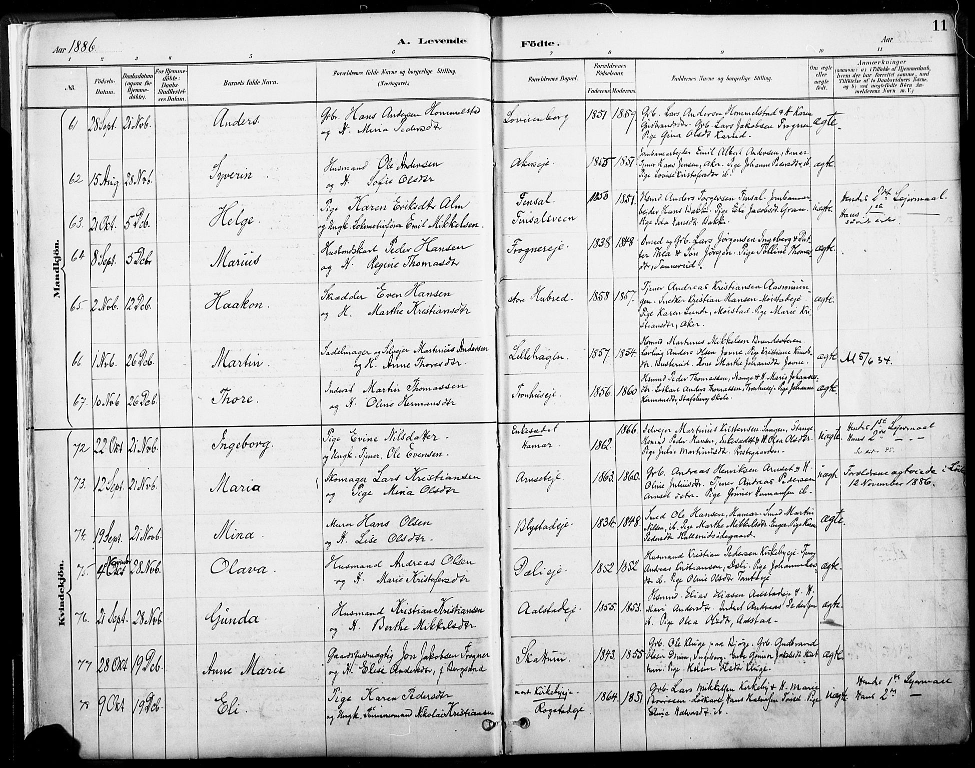 Vang prestekontor, Hedmark, SAH/PREST-008/H/Ha/Haa/L0019A: Parish register (official) no. 19, 1886-1900, p. 11