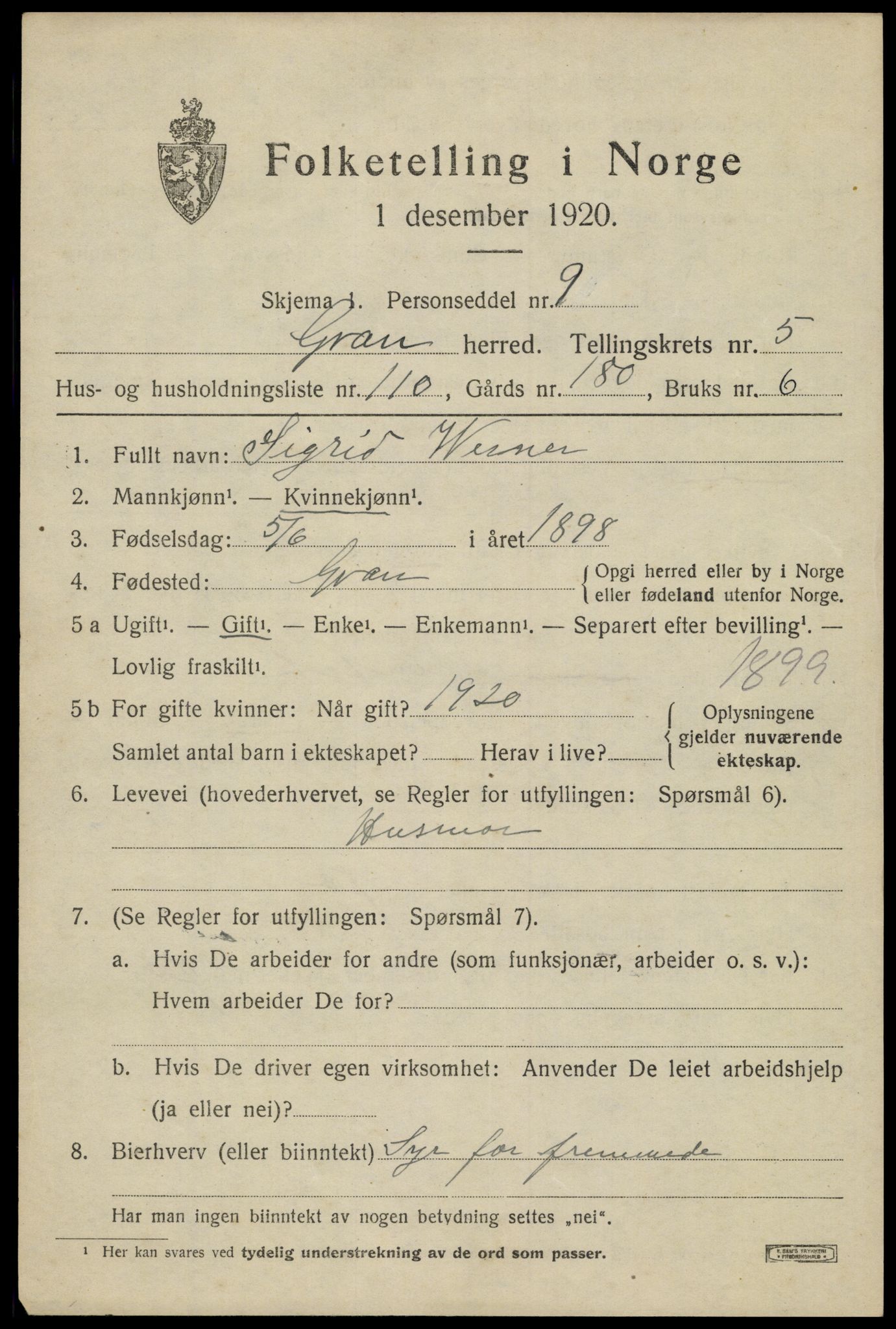 SAH, 1920 census for Gran, 1920, p. 8303