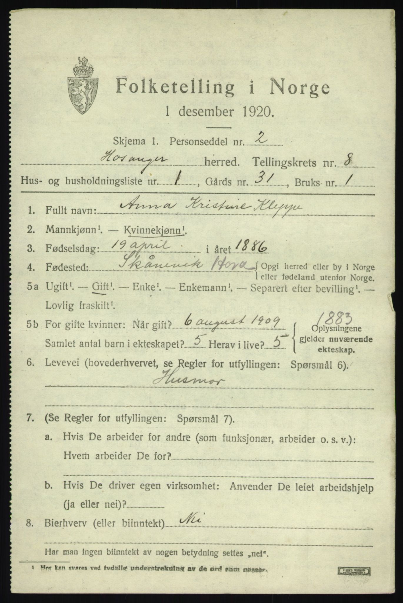 SAB, 1920 census for Hosanger, 1920, p. 3351