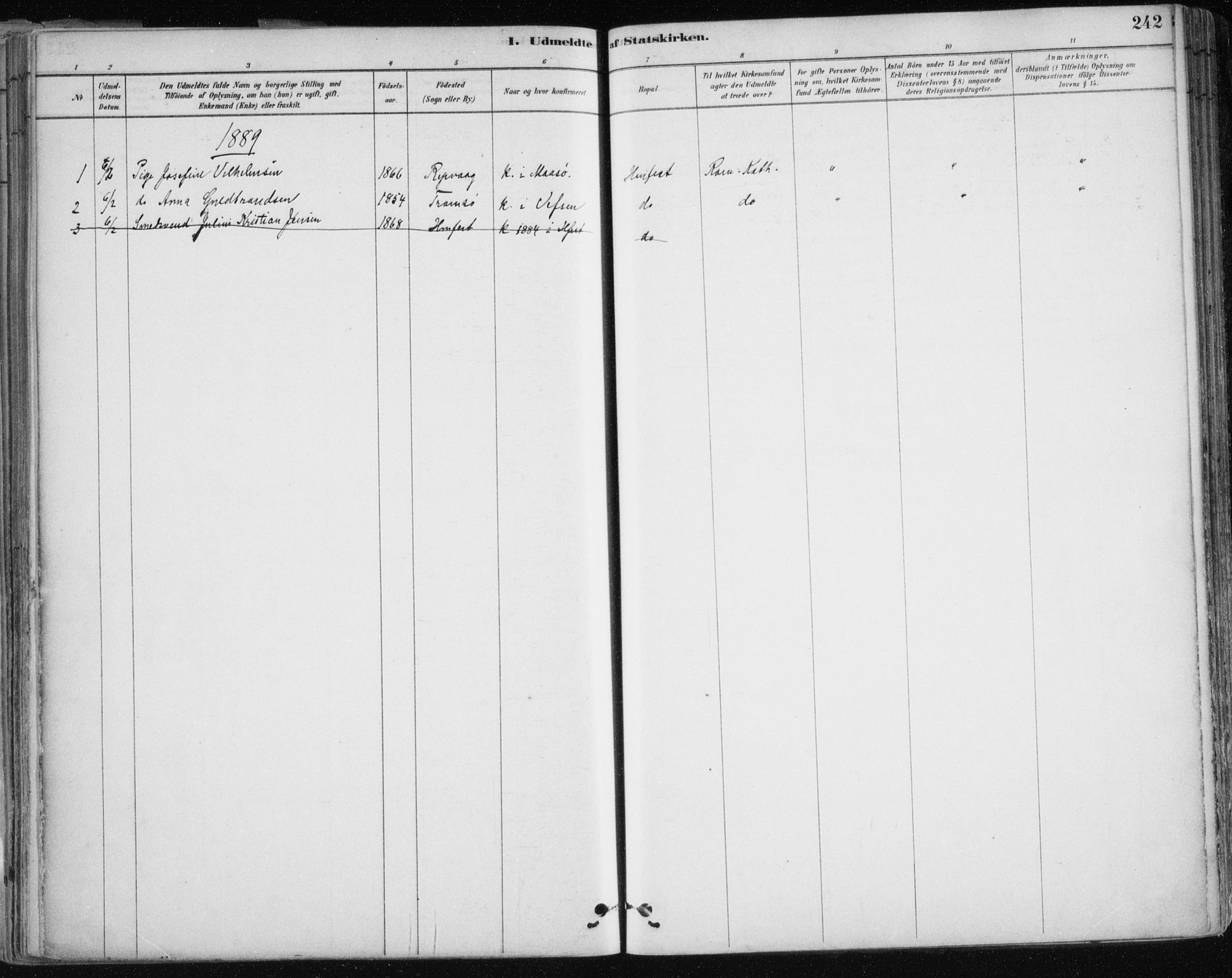 Hammerfest sokneprestkontor, SATØ/S-1347/H/Ha/L0008.kirke: Parish register (official) no. 8, 1878-1889, p. 242