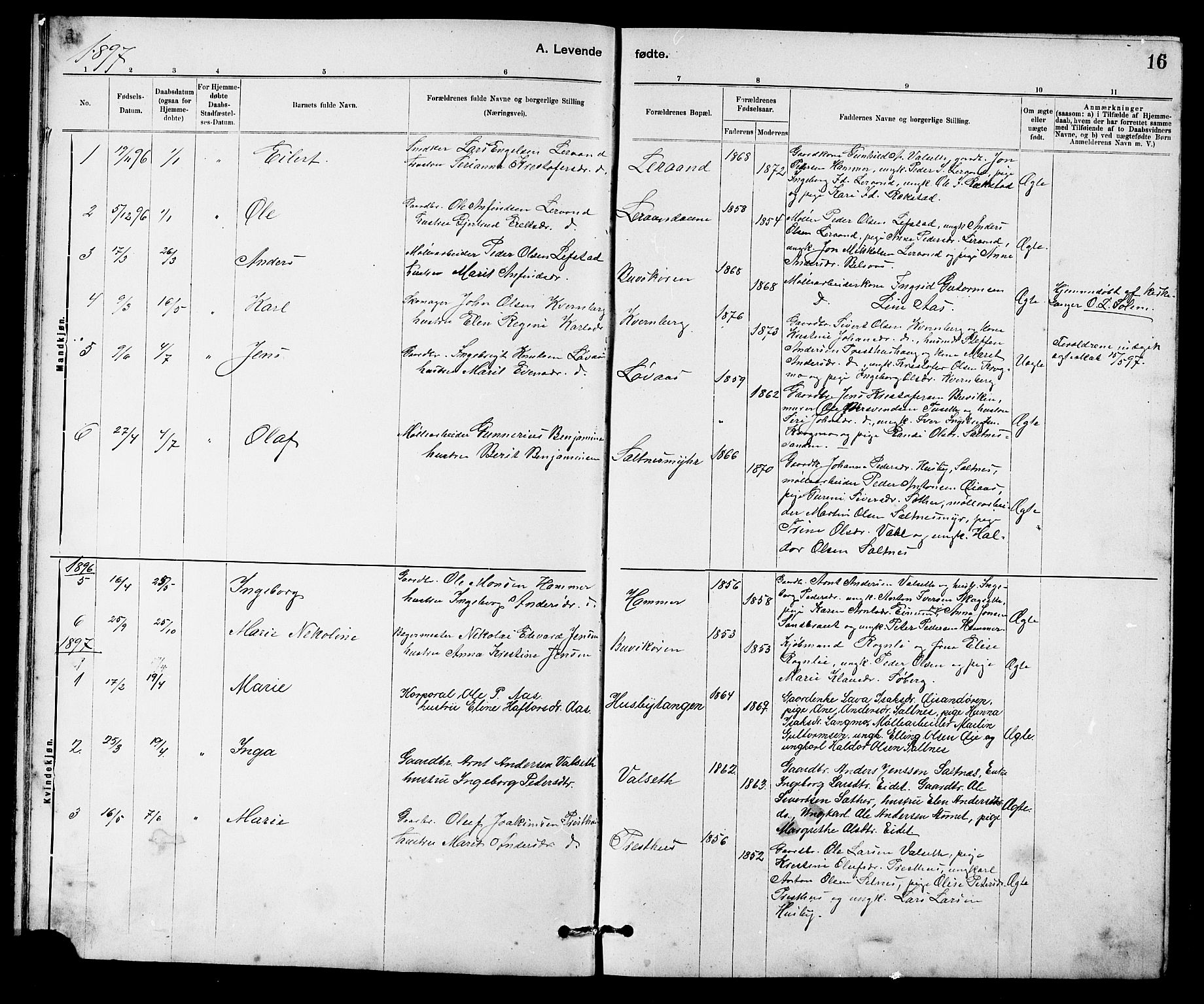 Ministerialprotokoller, klokkerbøker og fødselsregistre - Sør-Trøndelag, SAT/A-1456/666/L0790: Parish register (copy) no. 666C03, 1885-1908, p. 16