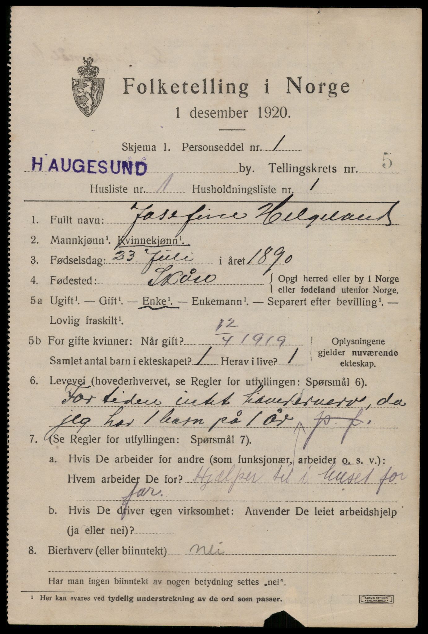 SAST, 1920 census for Haugesund, 1920, p. 17445