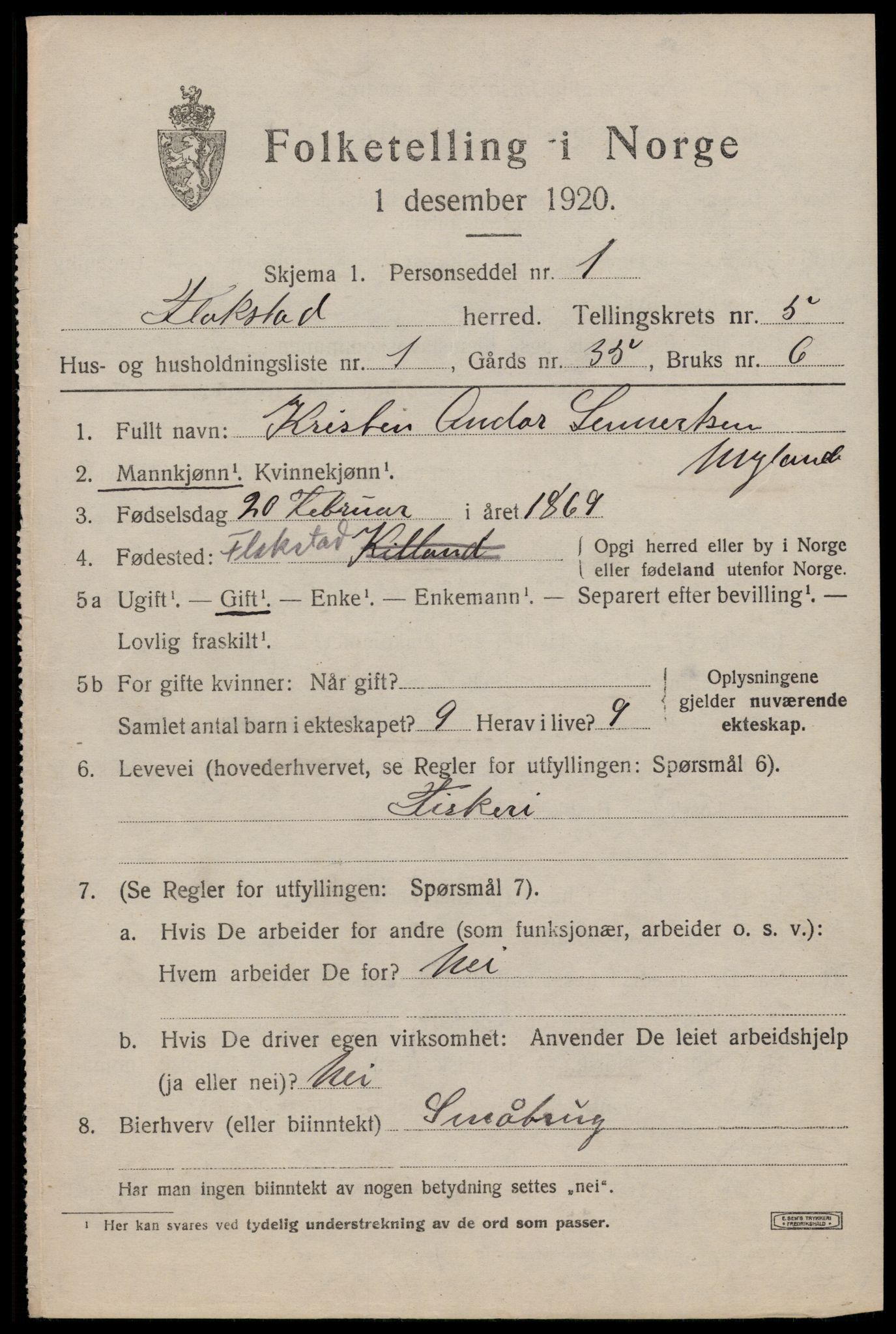 SAT, 1920 census for Flakstad, 1920, p. 3481