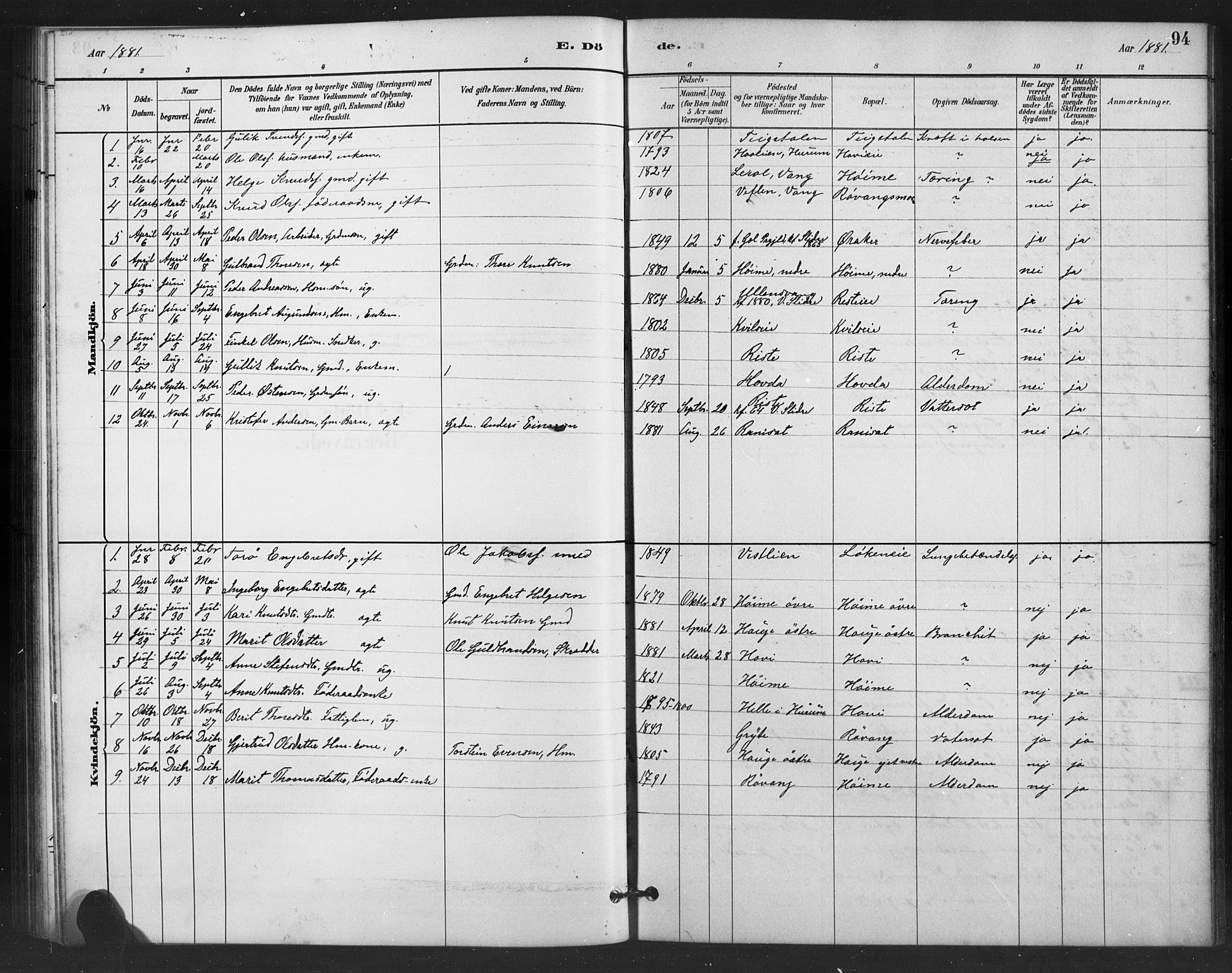 Vestre Slidre prestekontor, SAH/PREST-136/H/Ha/Hab/L0006: Parish register (copy) no. 6, 1881-1915, p. 94